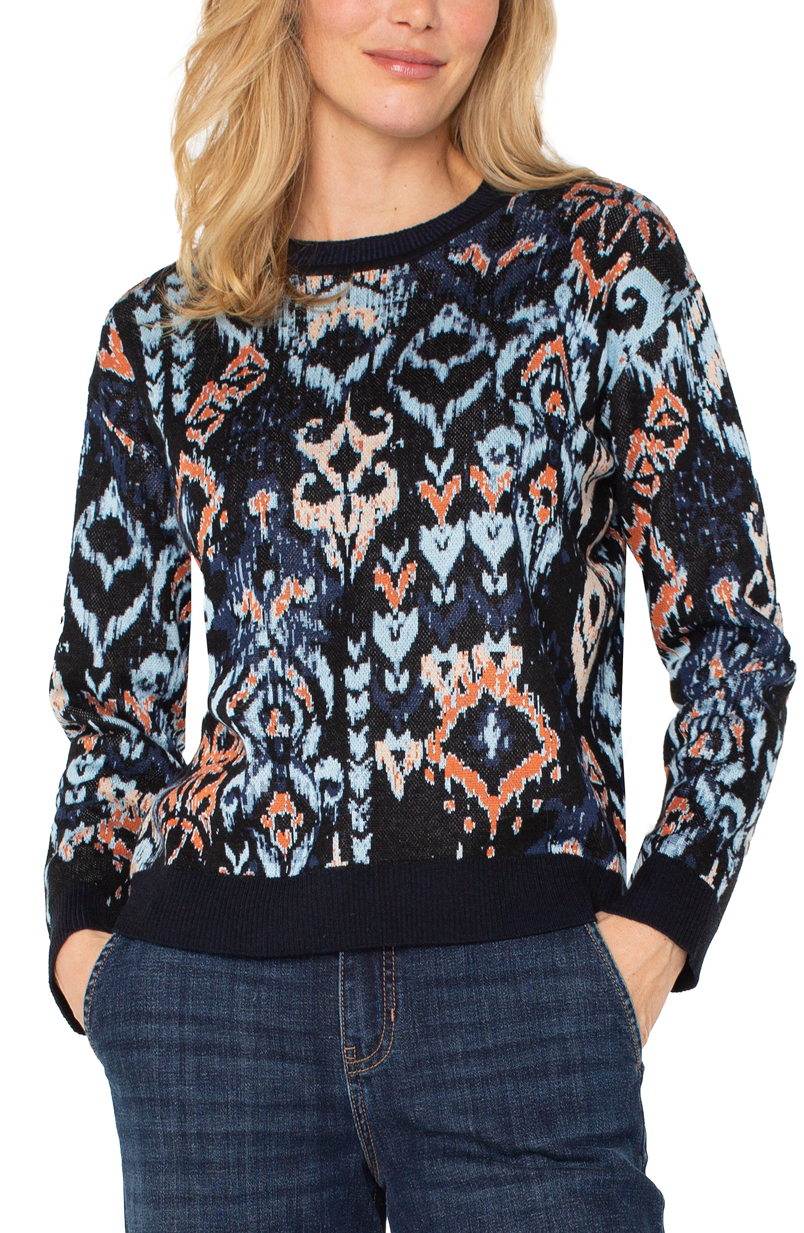 Long Sleeve Crew Neck Dropped Shoulder Jacquard Sweater