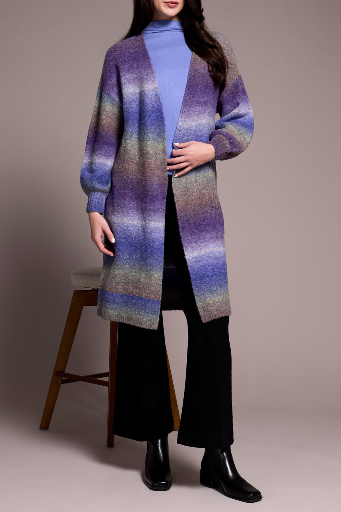 Long Sweater Cardigan with Puff Sleeve- blue violet