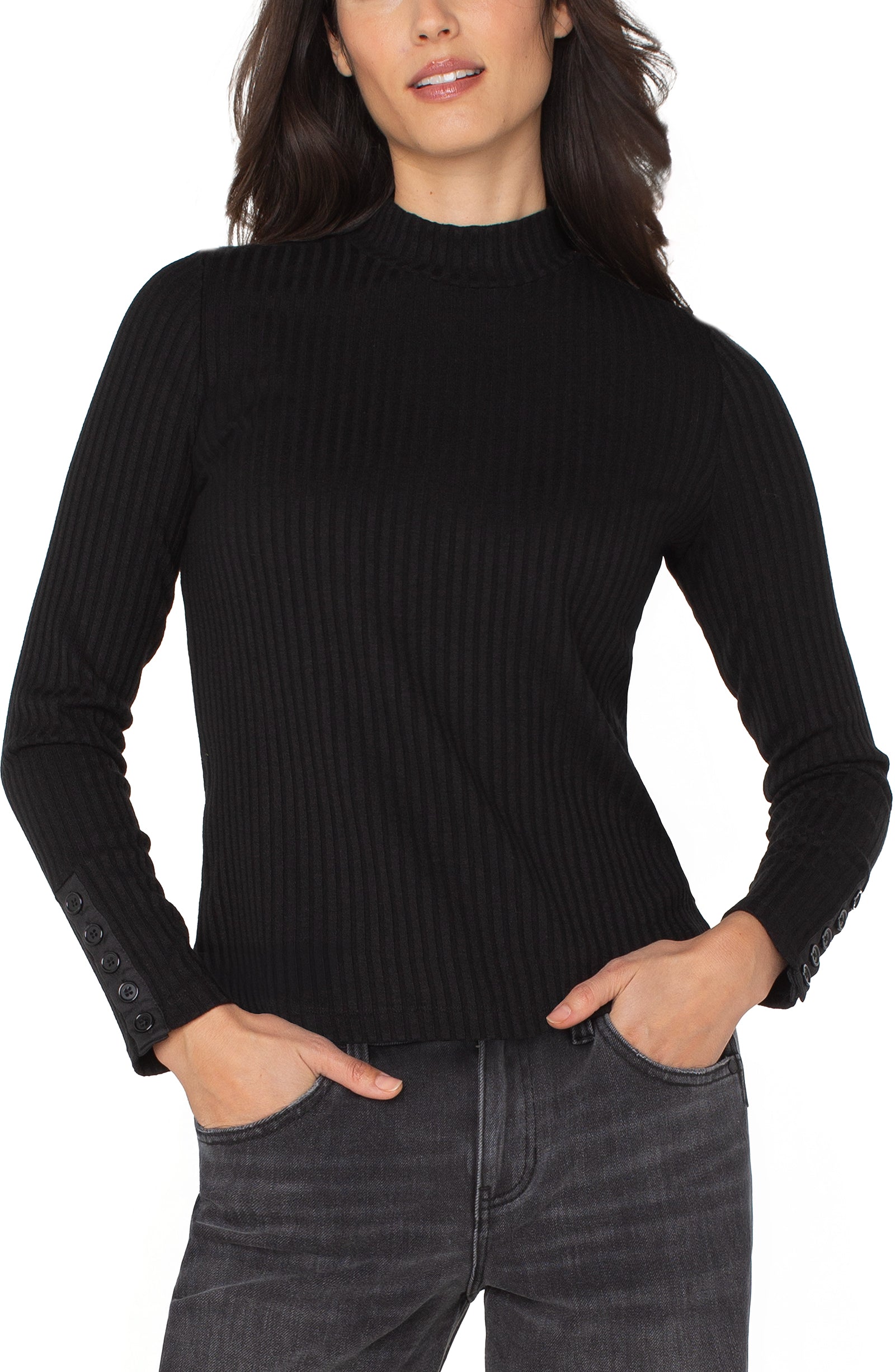 Long Sleeve Mock Neck Knit Top with Button Details-black