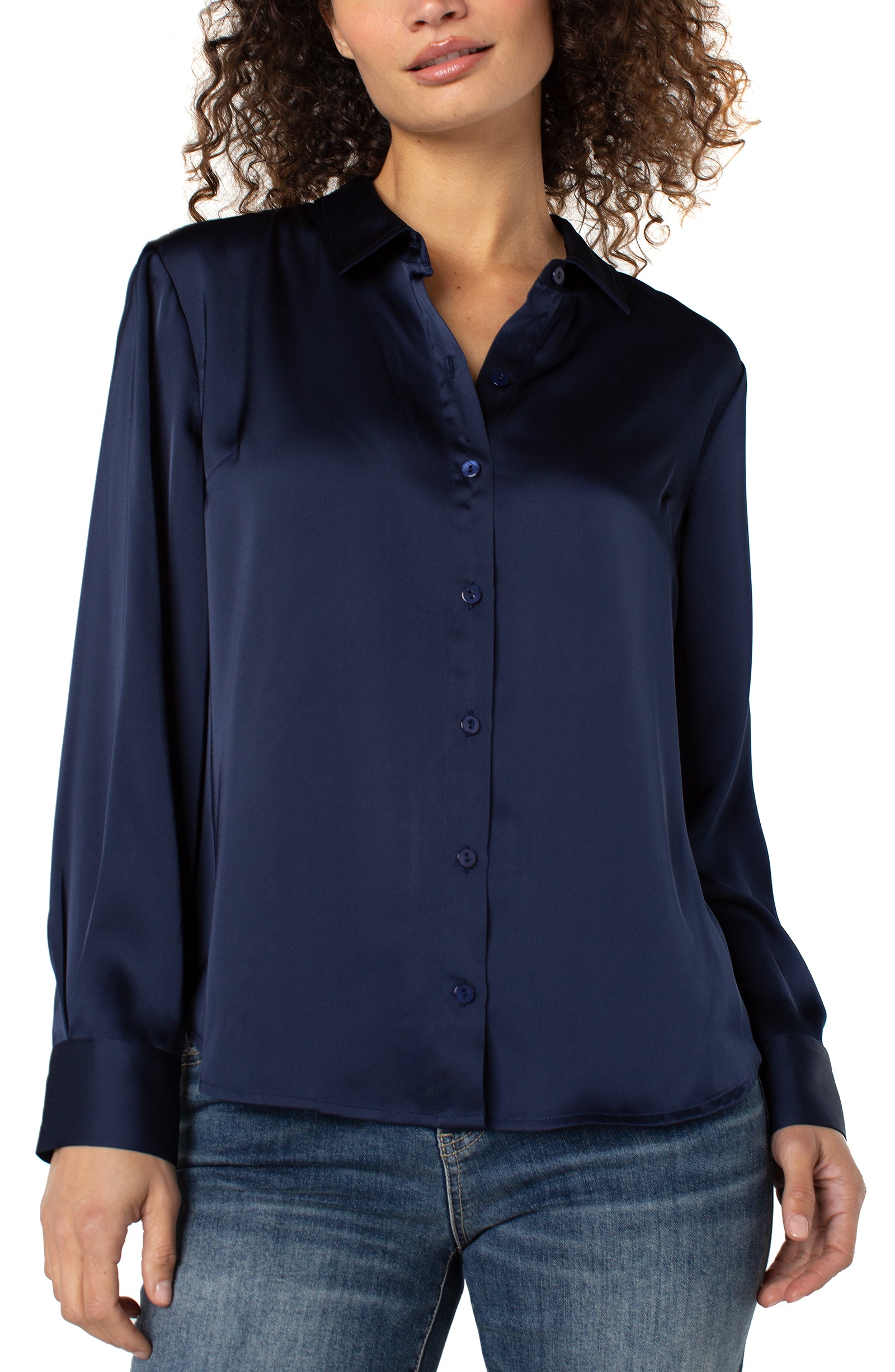 Long Sleeve Button Up Woven Shirt-navy