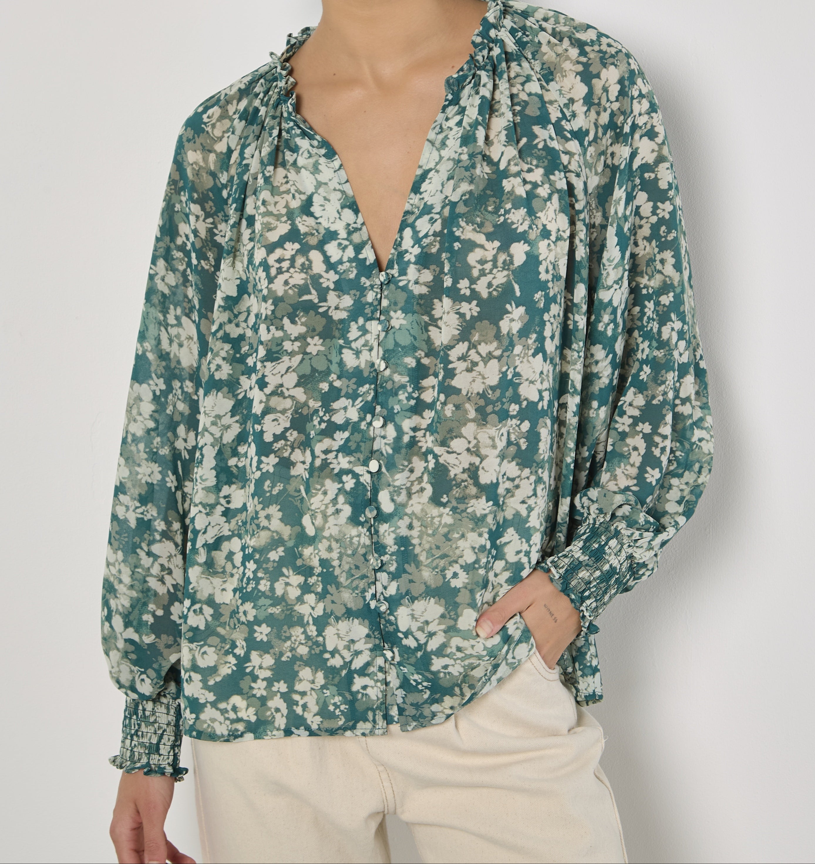 Blurred Floral Raglan Open Neck Blouse- Green floral