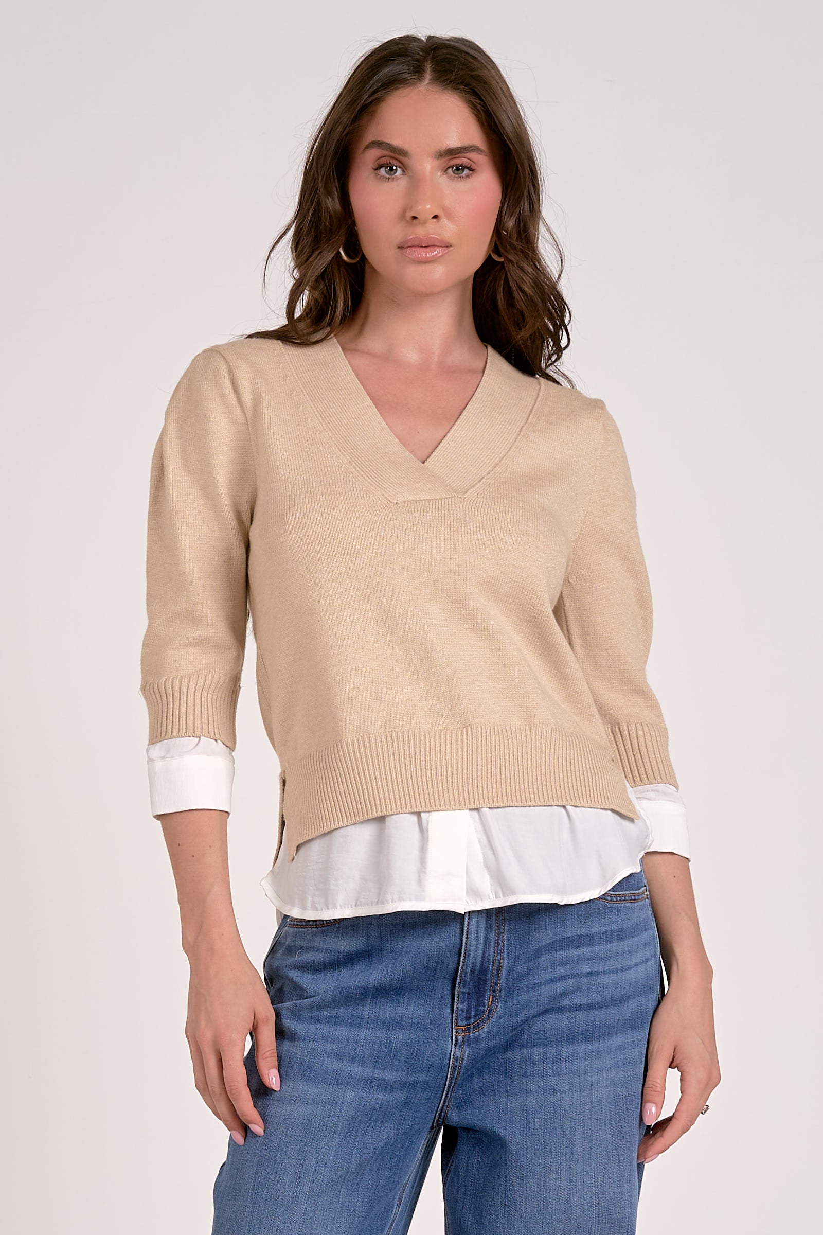 3/4 Sleeve Vneck Sweater Combo