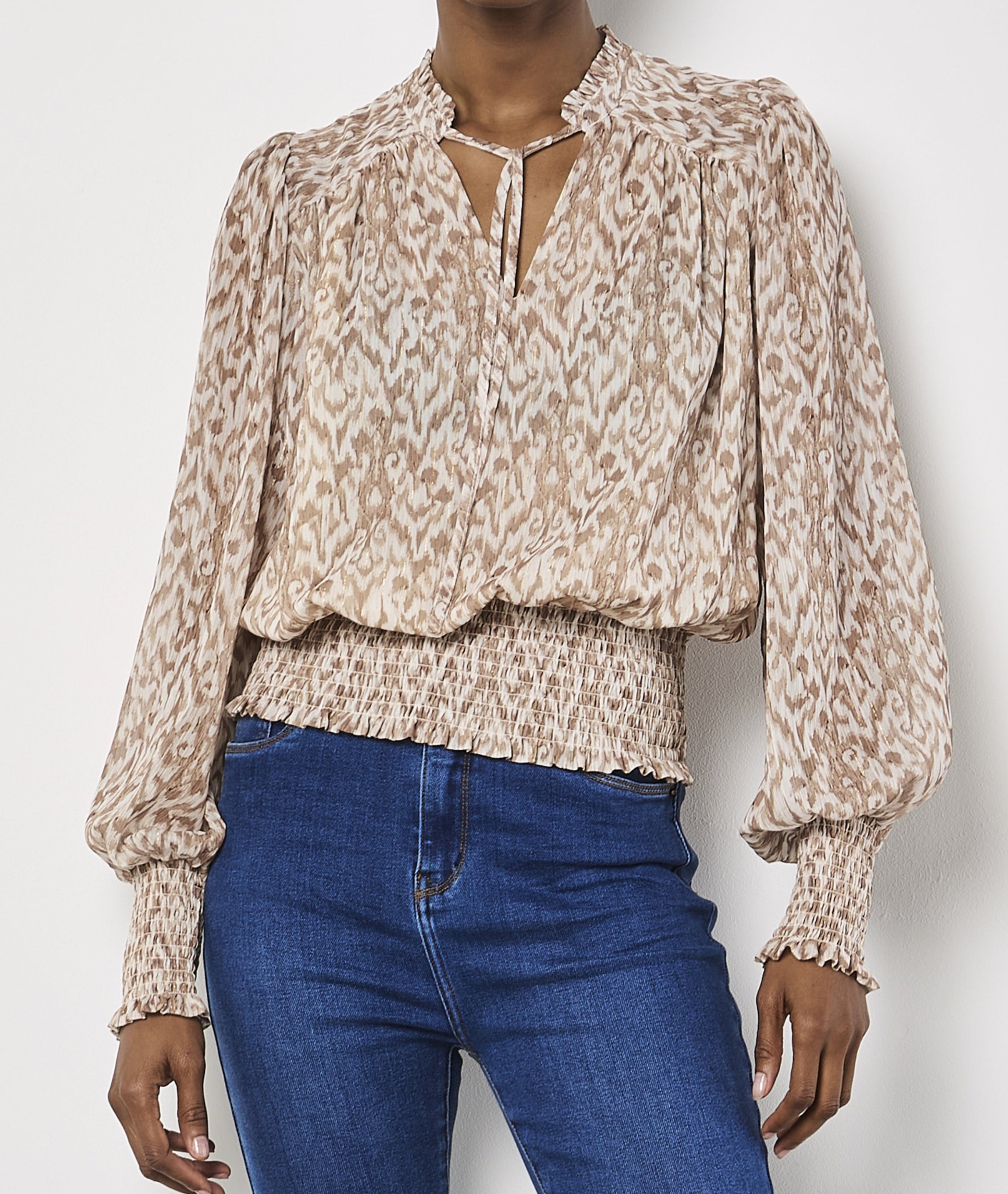 Ikat Swirl Lurex Smock Waist Tie Top