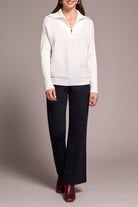 Zip Up V-Neck Sweater- eggshell