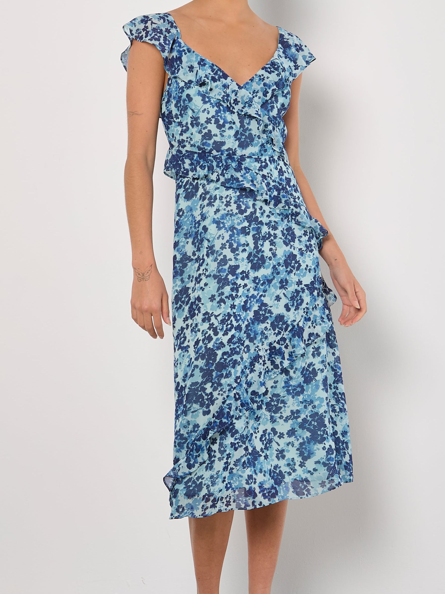 Blurred Floral Asymmetric Ruffle Midaxi Dress