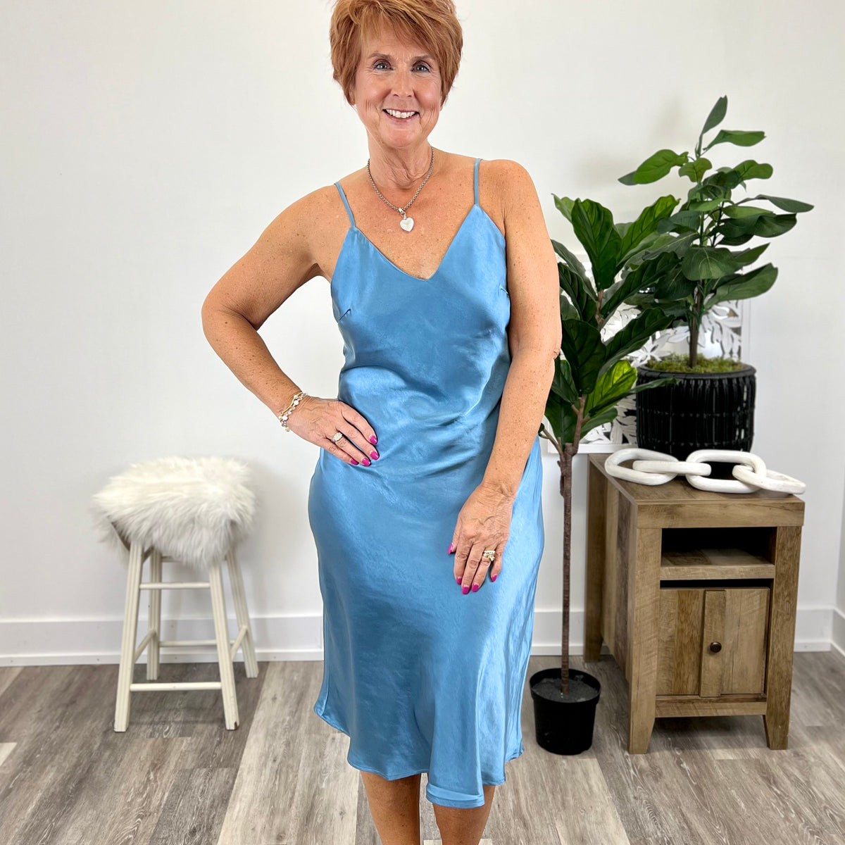 Satin Slip Style Midi Dress – Mainstream Boutique Stillwater