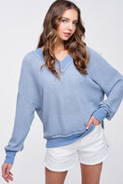 Thermal V Neck Drop Sleeve Sweatshirt- mid wash denim