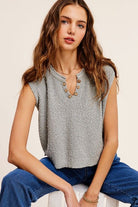 Cutout Neckline with Button Detail Sweater- grey