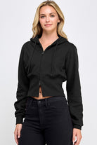 Fleece Relaxed Fit Cropped 2-Way Zip Up Hoodie- black