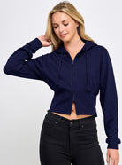 Fleece Relaxed Fit Cropped 2-Way Zip Up Hoodie- navy
