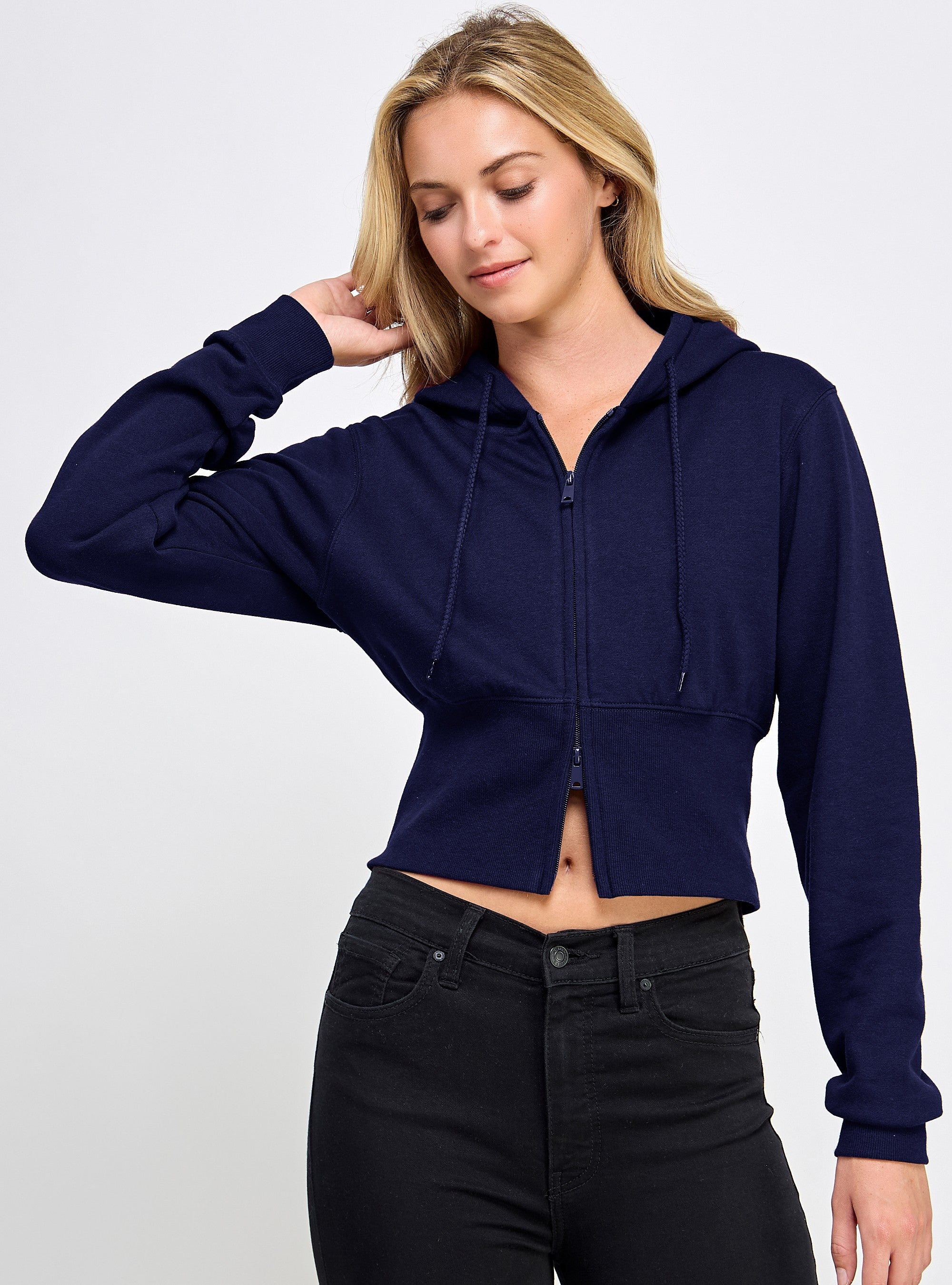 Fleece Relaxed Fit Cropped 2-Way Zip Up Hoodie- navy