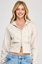 Fleece Relaxed Fit Cropped 2-Way Zip Up Hoodie- beige