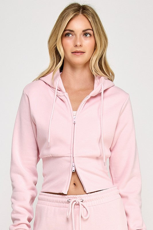 Fleece Relaxed Fit Cropped 2-Way Zip Up Hoodie-pink