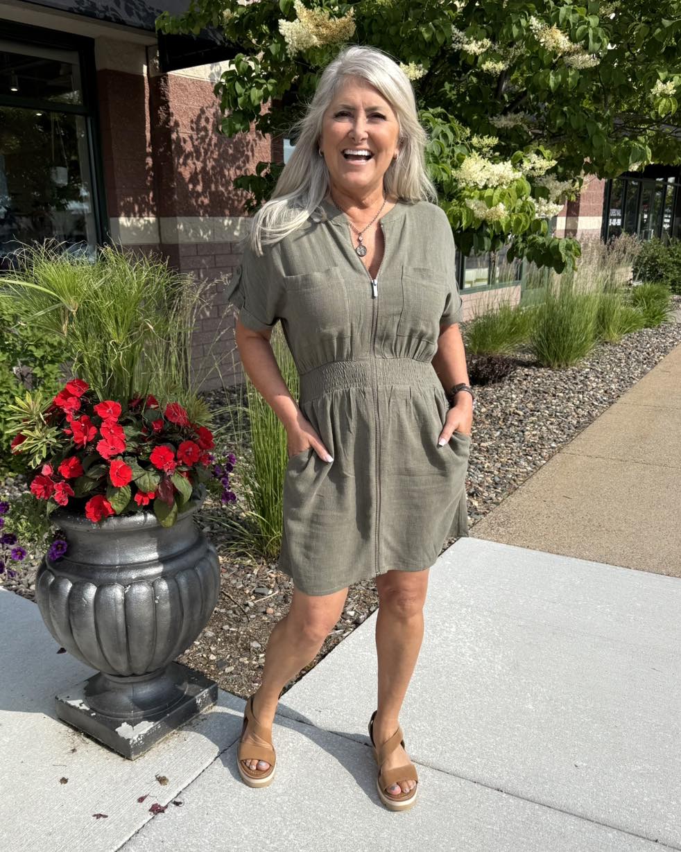 Linen Mix Elastic Waist Dress- Natural color