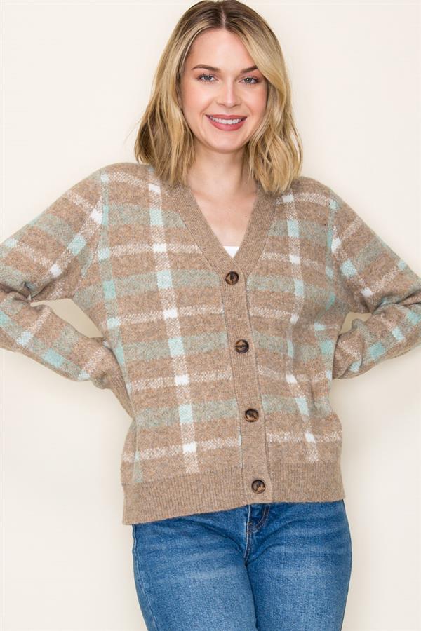 Long Sleeve V-Neck Checkered Button Down Sweater Cardigan