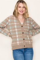 Long Sleeve V-Neck Checkered Button Down Sweater Cardigan