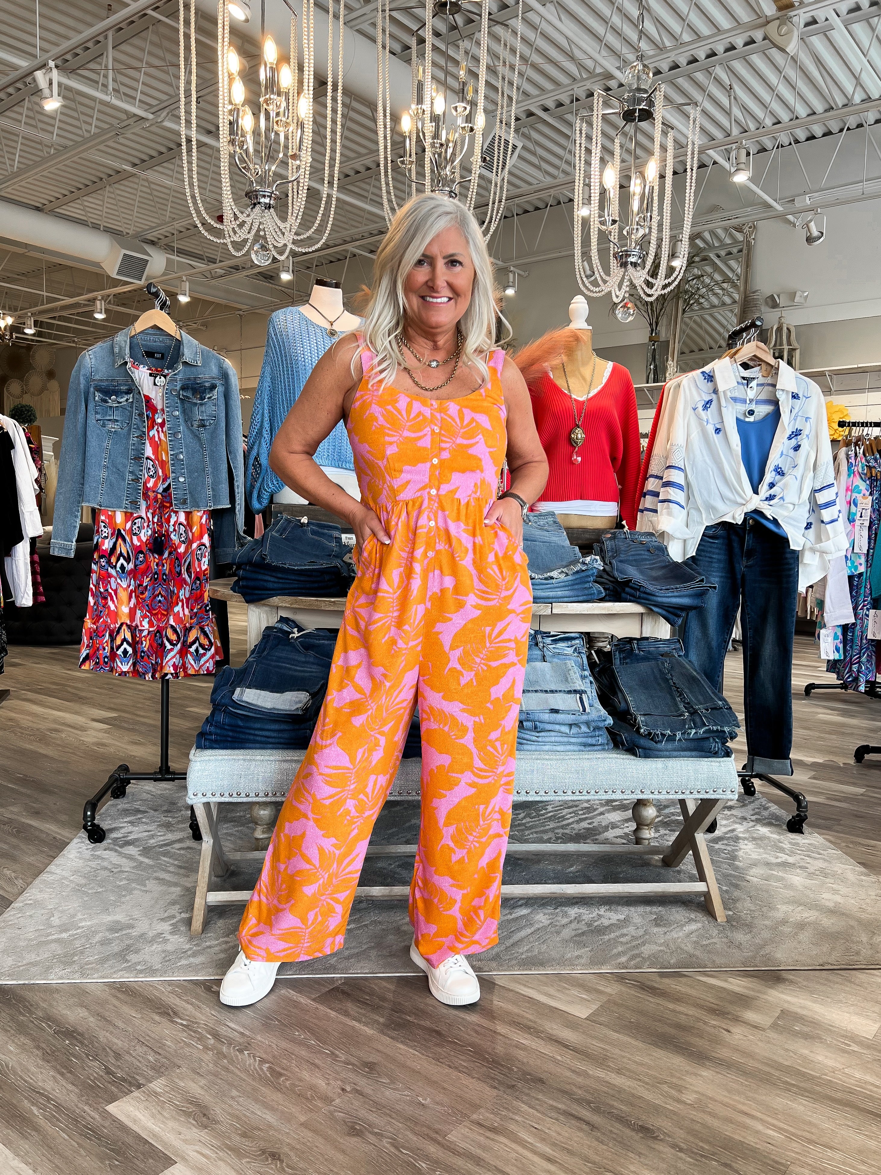 Mainstream Boutique Stillwater Women’s Printed Tropical Jumpsuit with Adjustable Straps