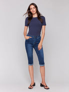 Upgrade your style with these denim pedal pushers! They have a slim leg for a sleek look and a versatile folded hem. The stretchy denim provides comfort and flexibility, while the indigo blue color adds a touch of sophistication. Great for wearing with sandals or sneakers for a cool, casual outfit all spring and summer.

Slim fit
Cropped length
Folded hem
Five-pocket design
Stretch denim
Mid-rise waist