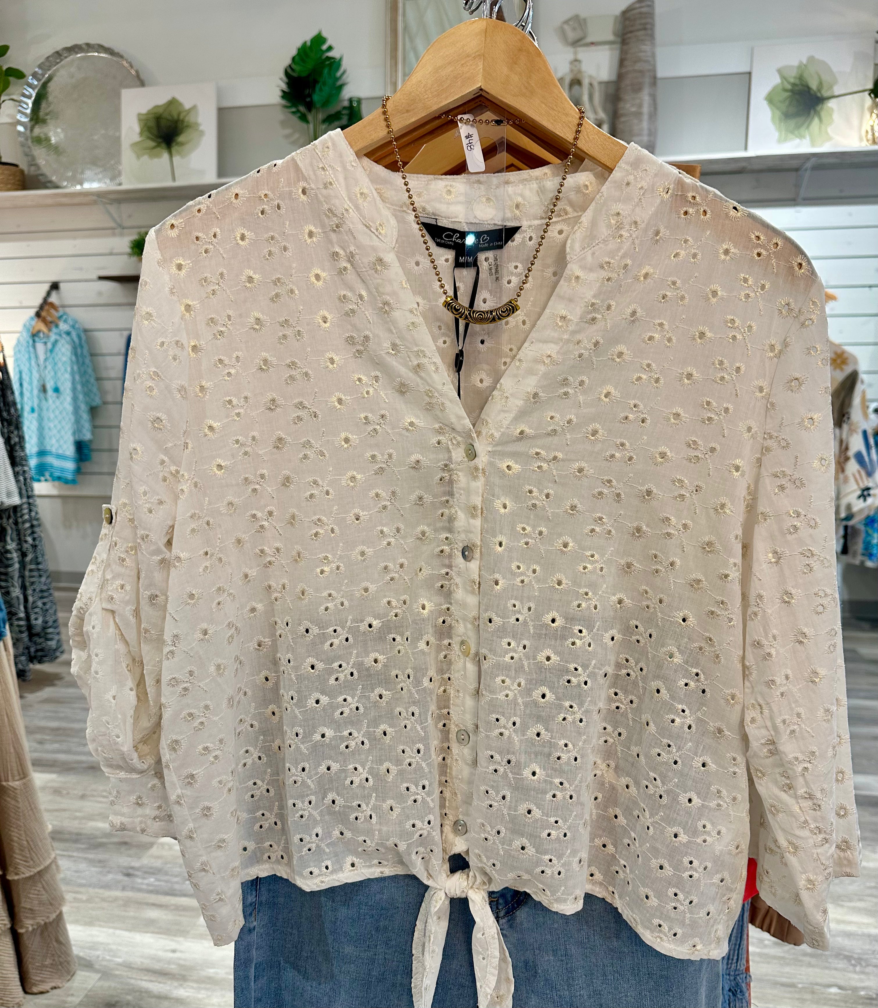 Eyelet Long Sleeve with Tie Front Top- Off Whit