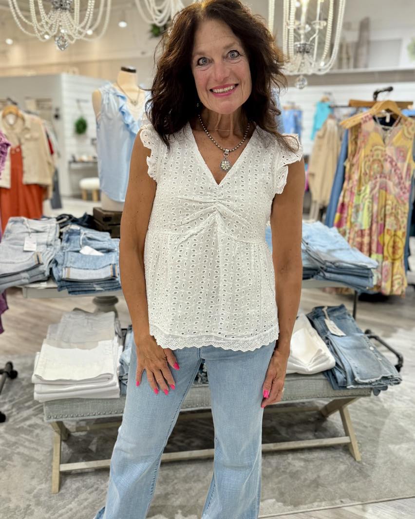 Eyelet Ruffle Peplum Top in White- Apricot