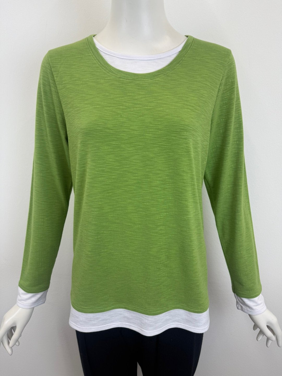 Long Sleeve Crew Neck Top with White Contrast- lime