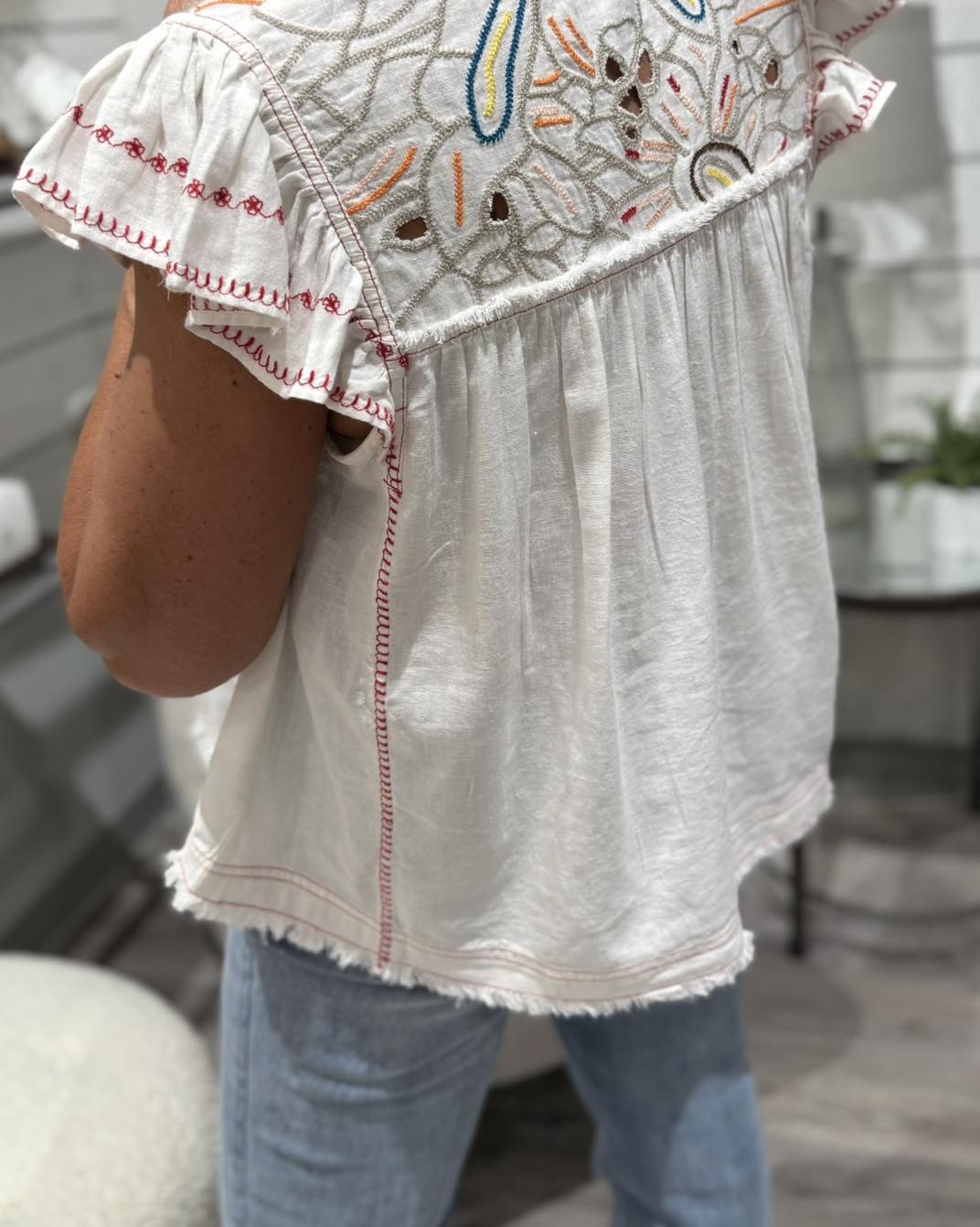 Experience the light and airy feel of this stunning blouse with its delicate flutter sleeves. The charming embroidery adds texture and a rustic touch to the design while the raw fray hem adds a casual, laid-back vibe. Versatile and effortlessly stylish, this blouse can be worn on its own for warm days or layered under a jacket for a chic look.

DETAILS:

24" High shoulder point
V-neckline
Flutter sleeve with side gusset
Double-layered for extra coverage
Liverpool Exclusive Print
