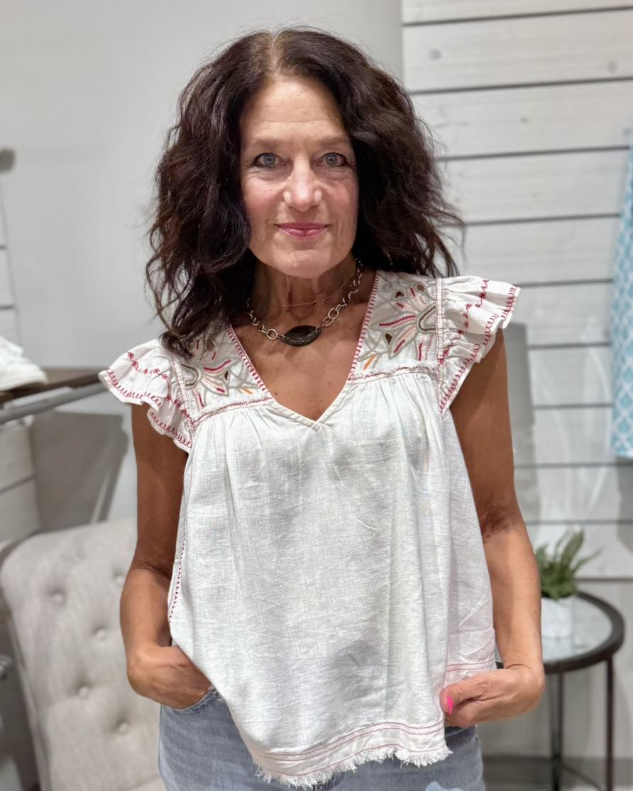 Experience the light and airy feel of this stunning blouse with its delicate flutter sleeves. The charming embroidery adds texture and a rustic touch to the design while the raw fray hem adds a casual, laid-back vibe. Versatile and effortlessly stylish, this blouse can be worn on its own for warm days or layered under a jacket for a chic look.

DETAILS:

24" High shoulder point
V-neckline
Flutter sleeve with side gusset
Double-layered for extra coverage
Liverpool Exclusive Print