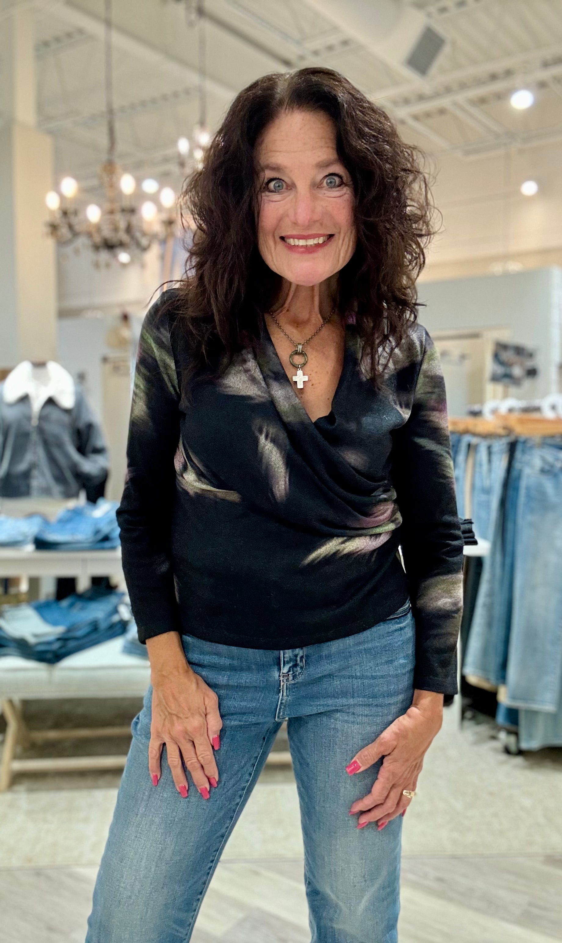 Brush Print Draped V-Neck Ruched Sweater