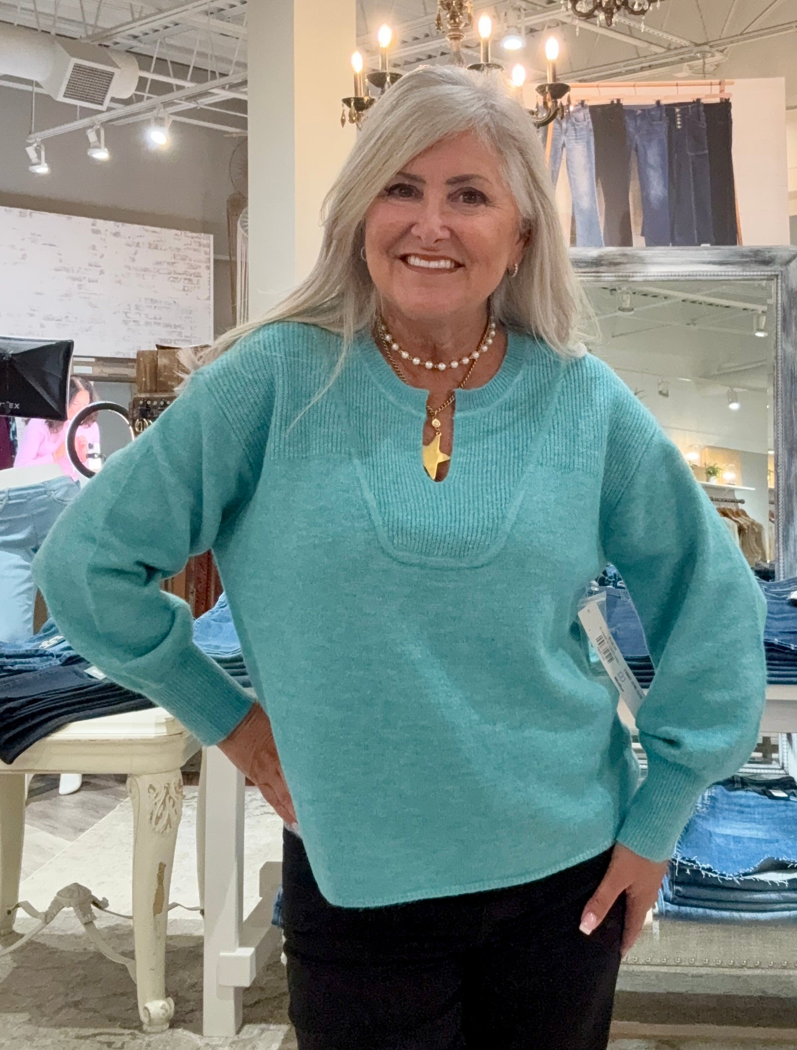 Long Sleeve Notch Neckline Sweater- mist blue