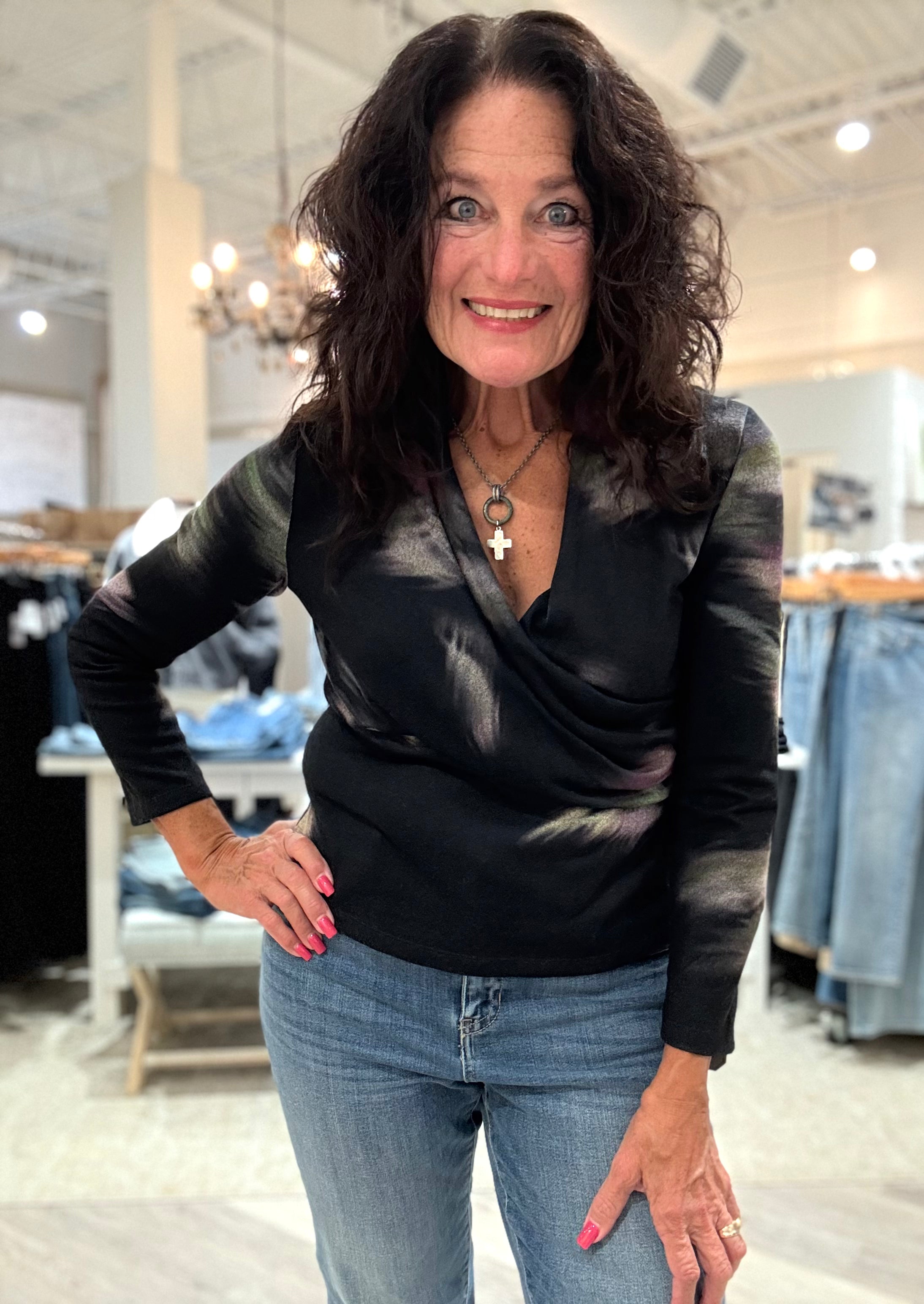 Brush Print Draped V-Neck Ruched Sweater