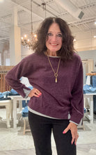 Crew Neck Long Sleeve Top with Contrast- purple