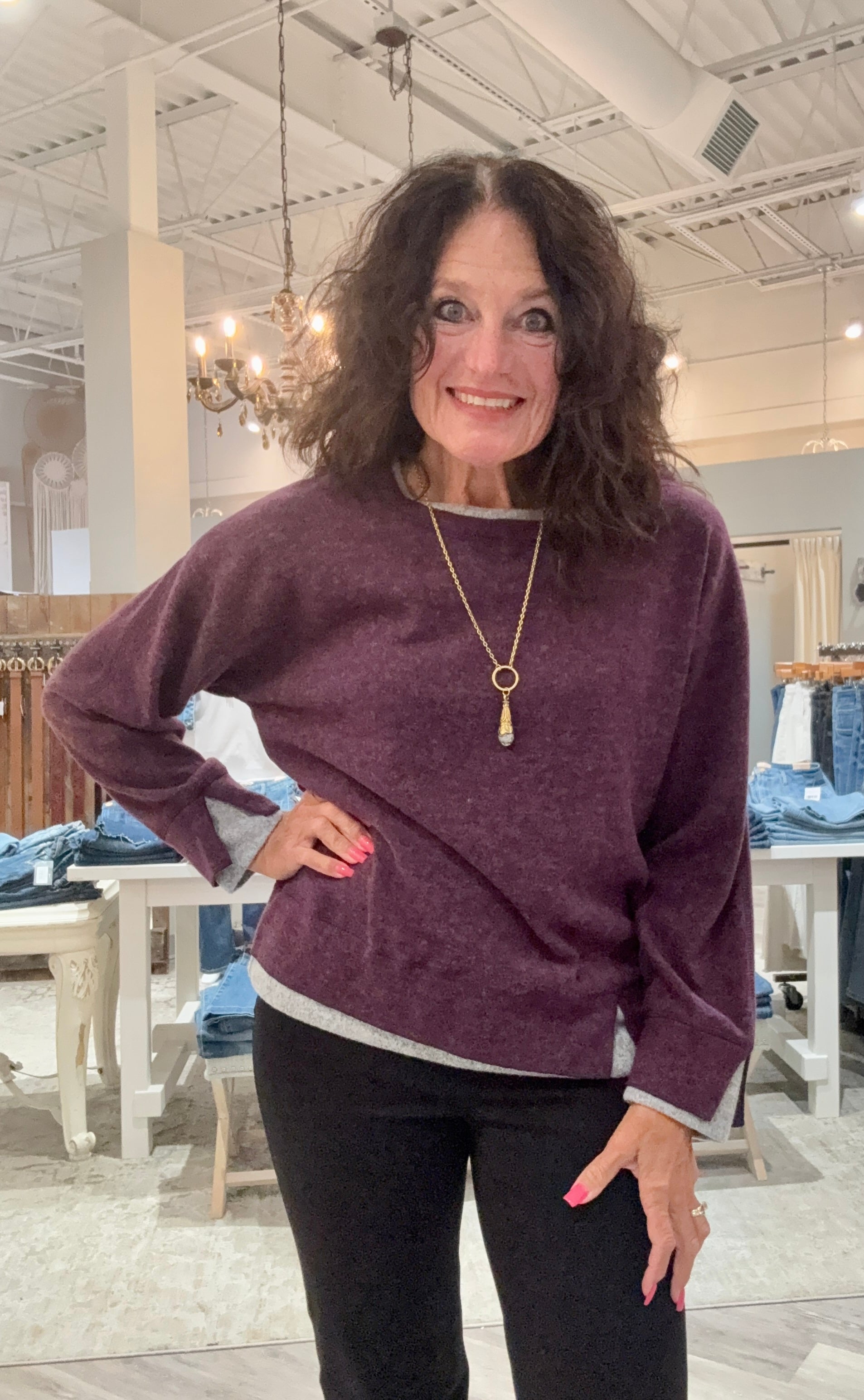 Crew Neck Long Sleeve Top with Contrast- purple