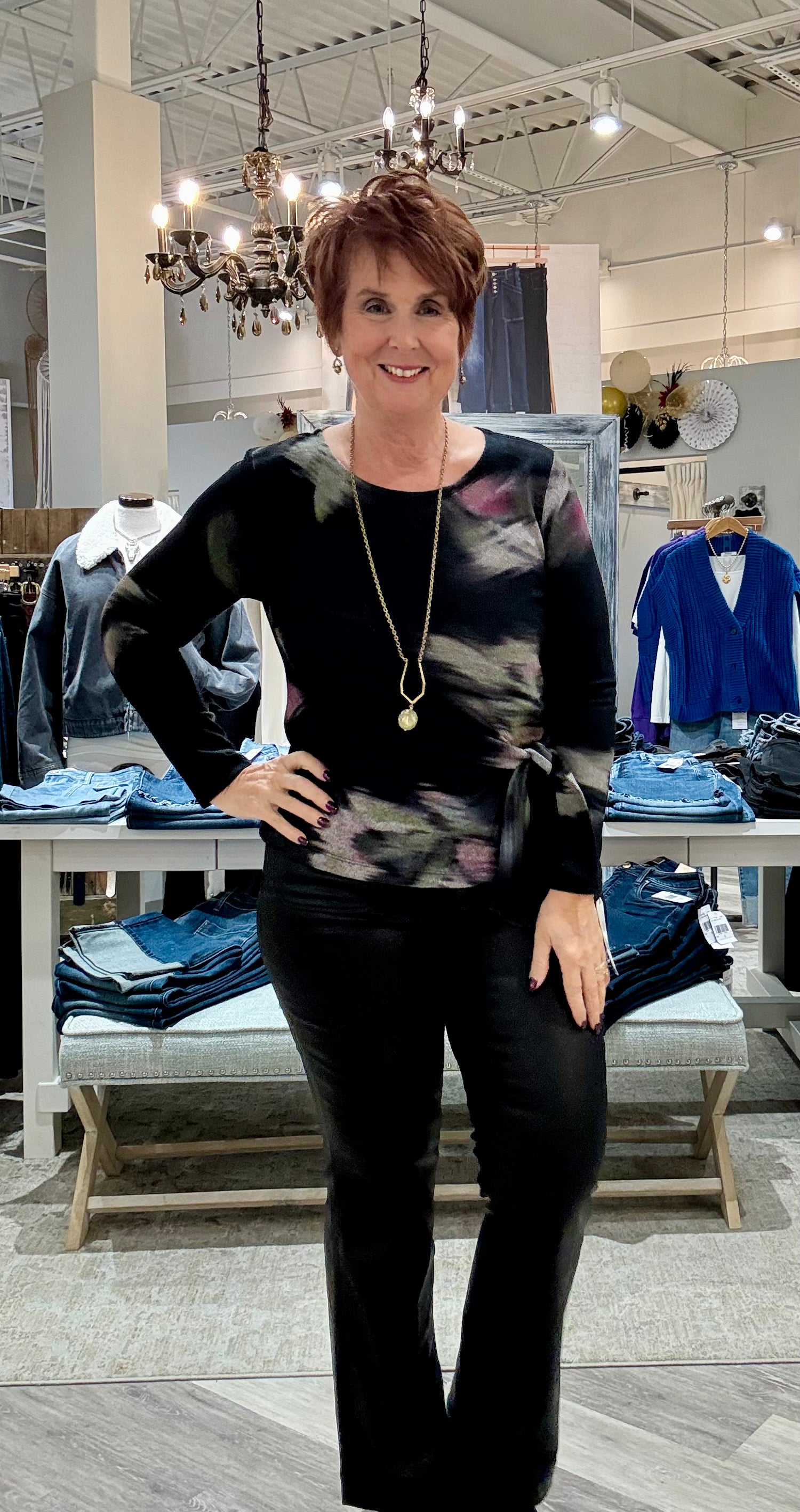 Brush Print Soft Knit Side Tie Sweater