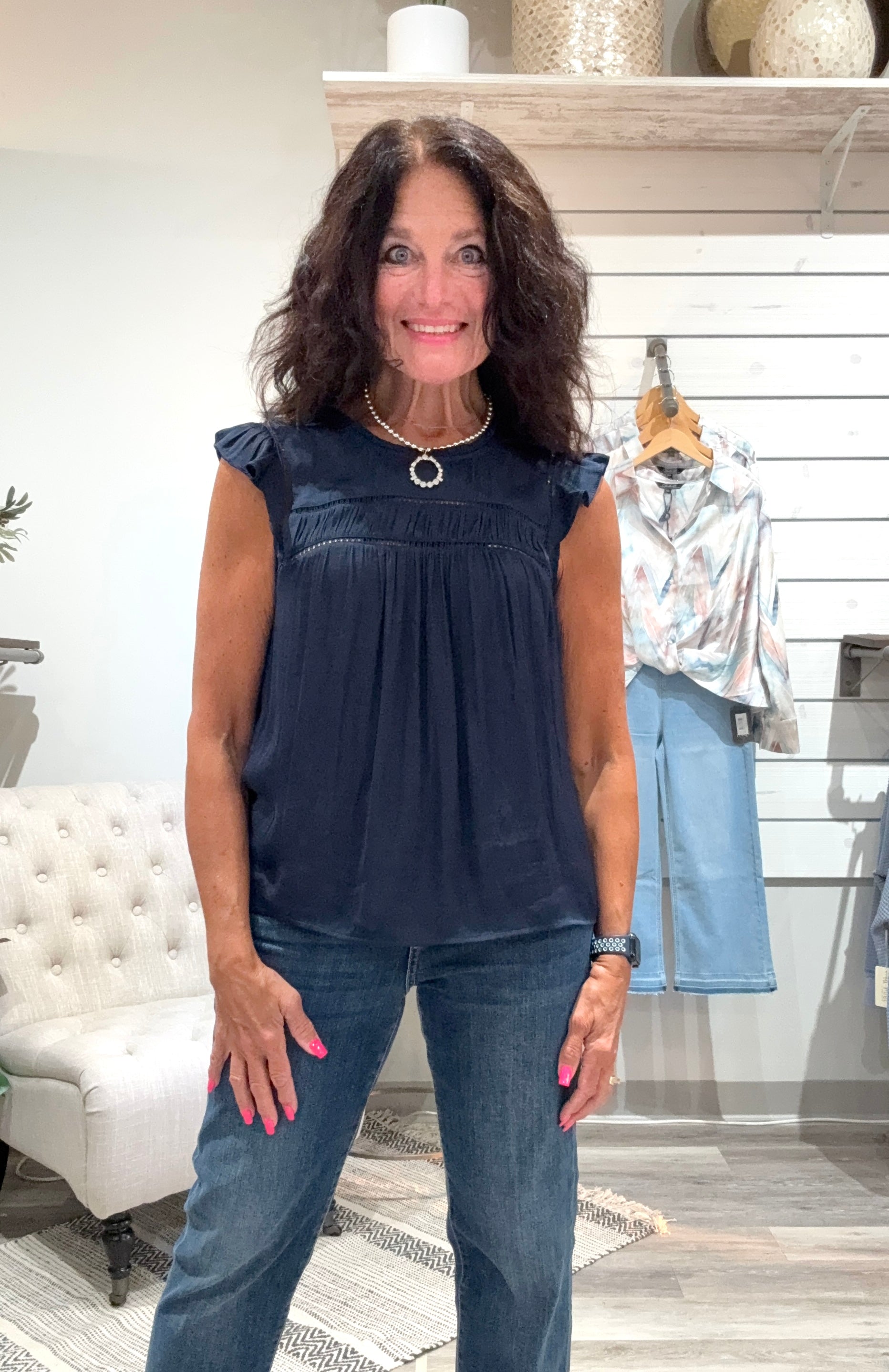 Flutter Sleeve Woven Top with Trim Detail