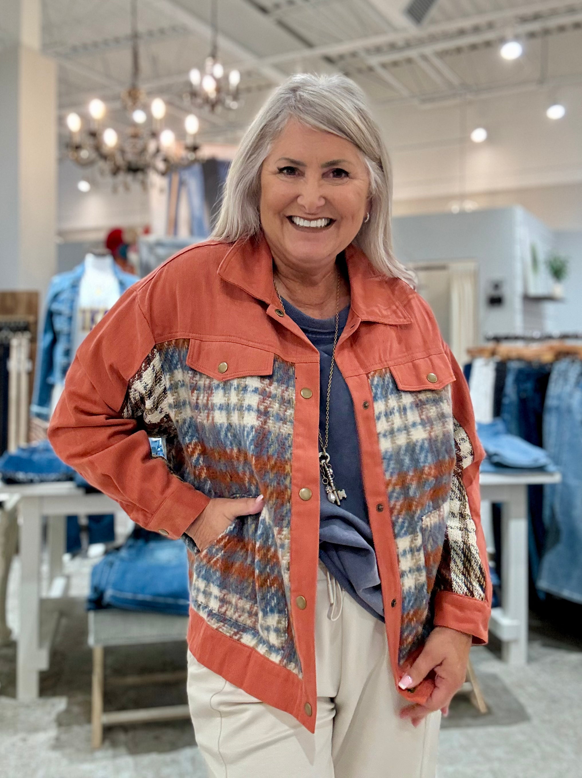 Print Sherpa Detail Button Up Jacket with Chest Pockets