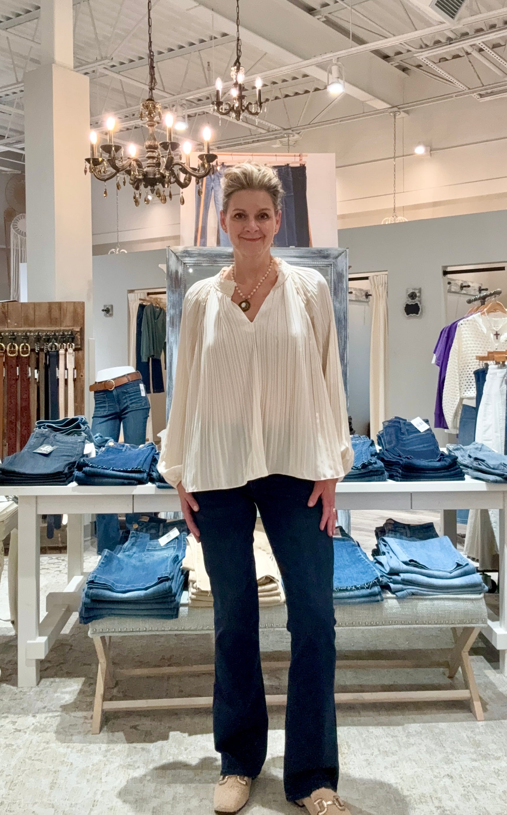 Long Sleeve Blouse with Ruffle Collar- moonstone