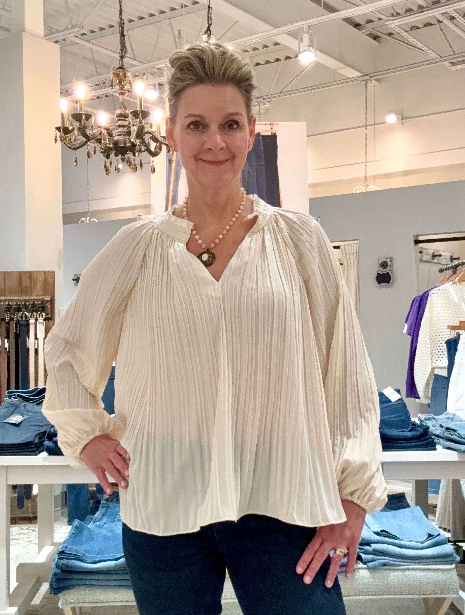 Long Sleeve Blouse with Ruffle Collar- Moonstone