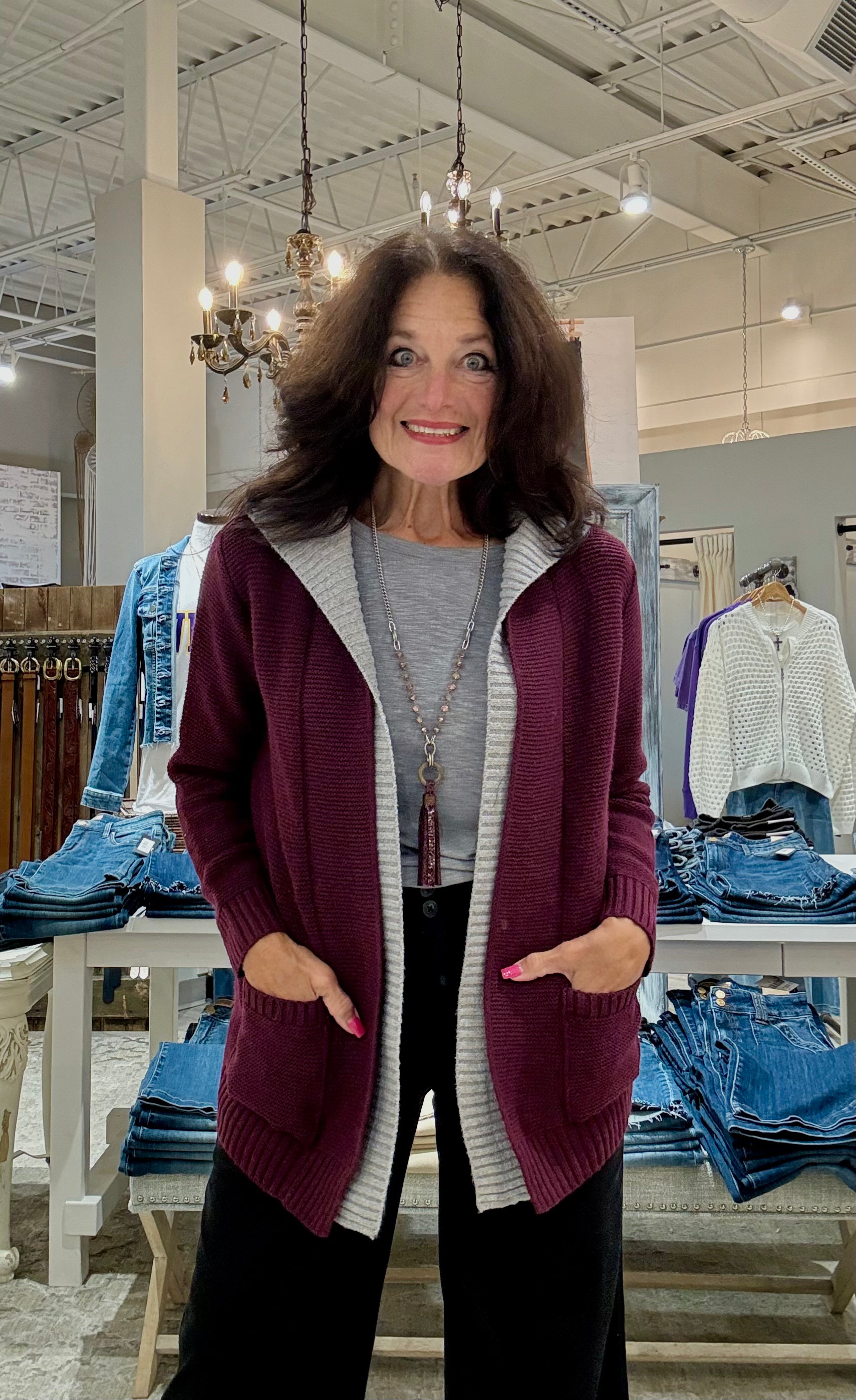 Color Contrast Open Front Sweater Cardigan with Hood and Pockets