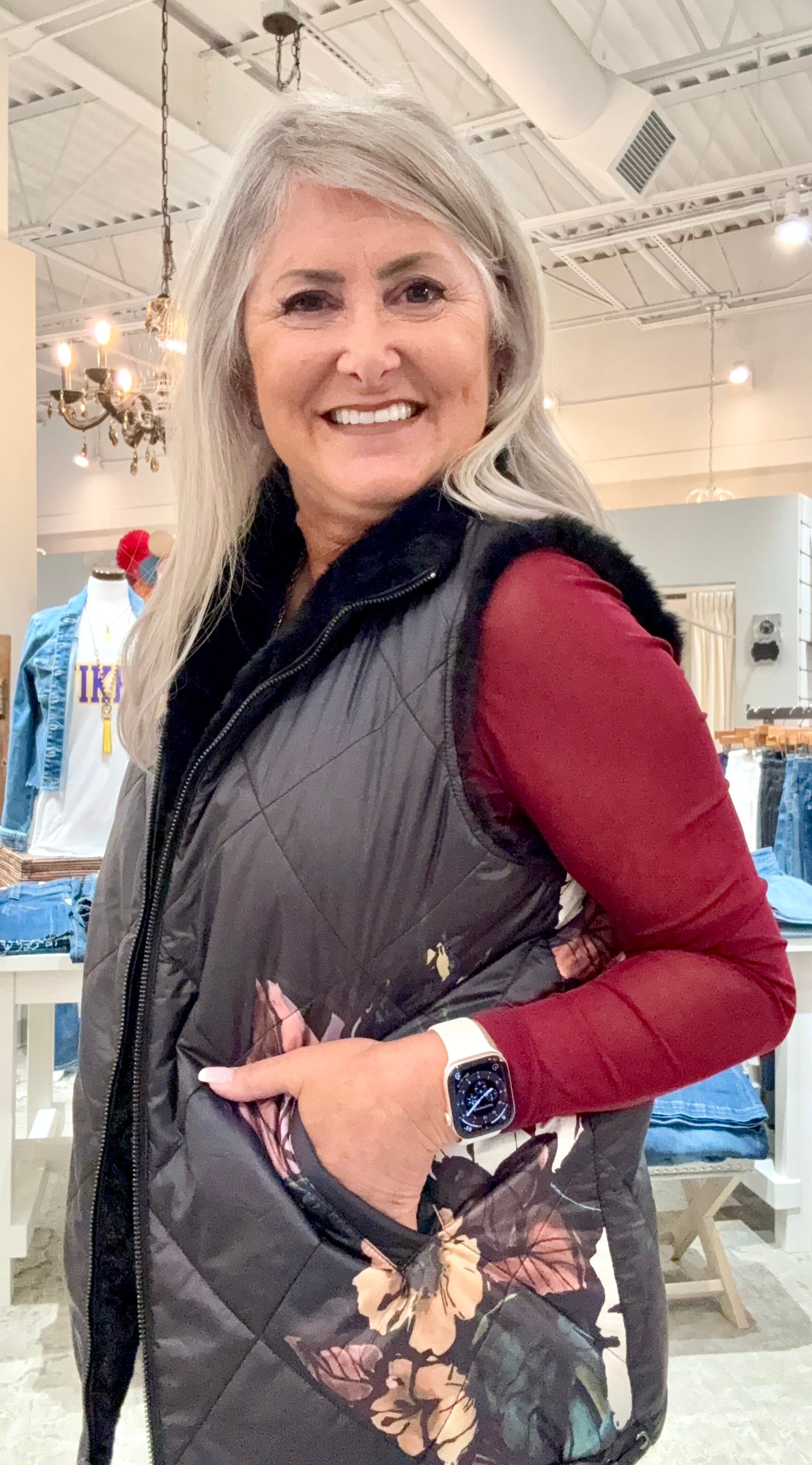 Printed Reversible Quilted Faux Fur Vest