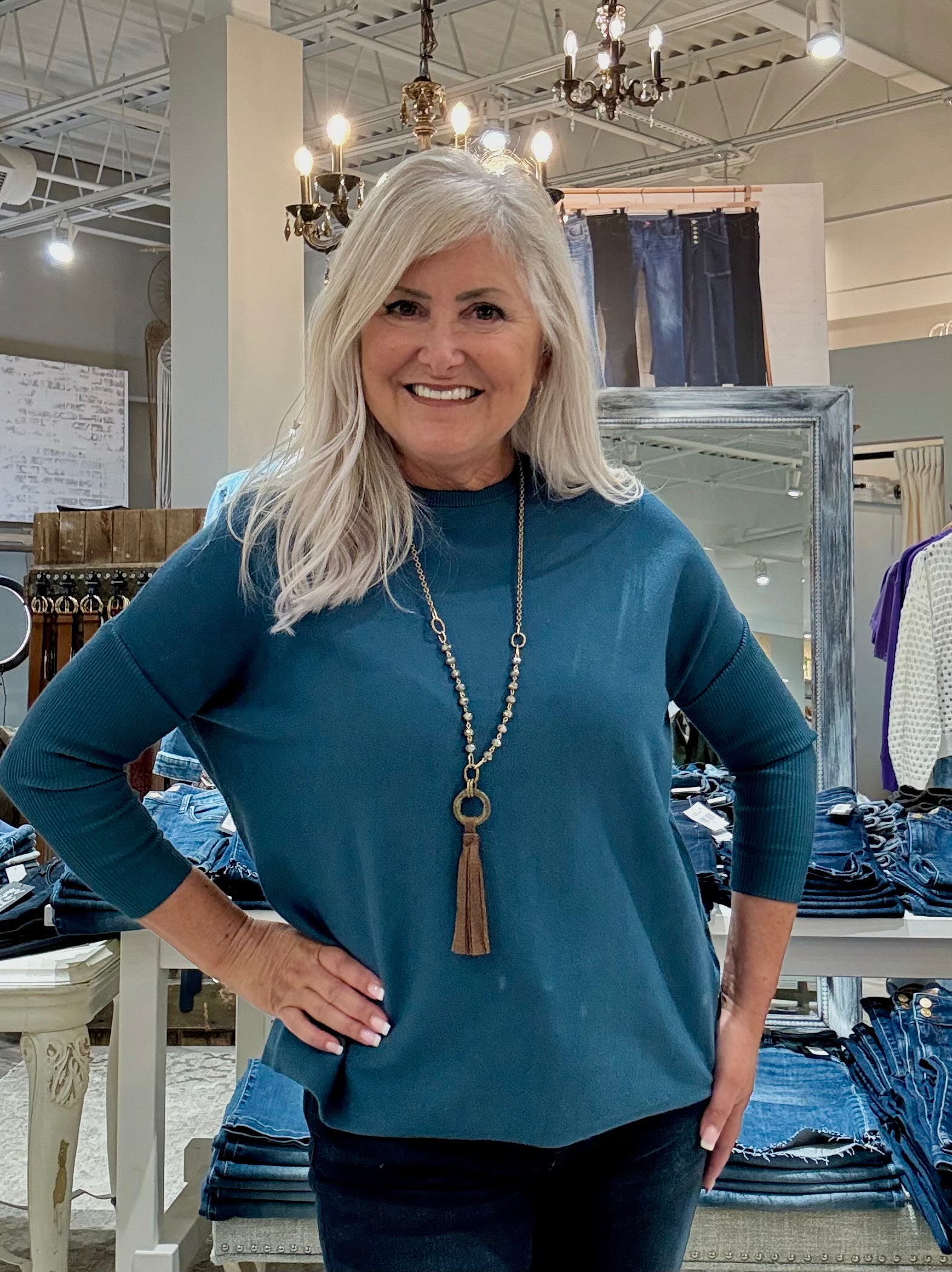 Oversized Crew Neck Pullover Sweater with Rib Sleeves