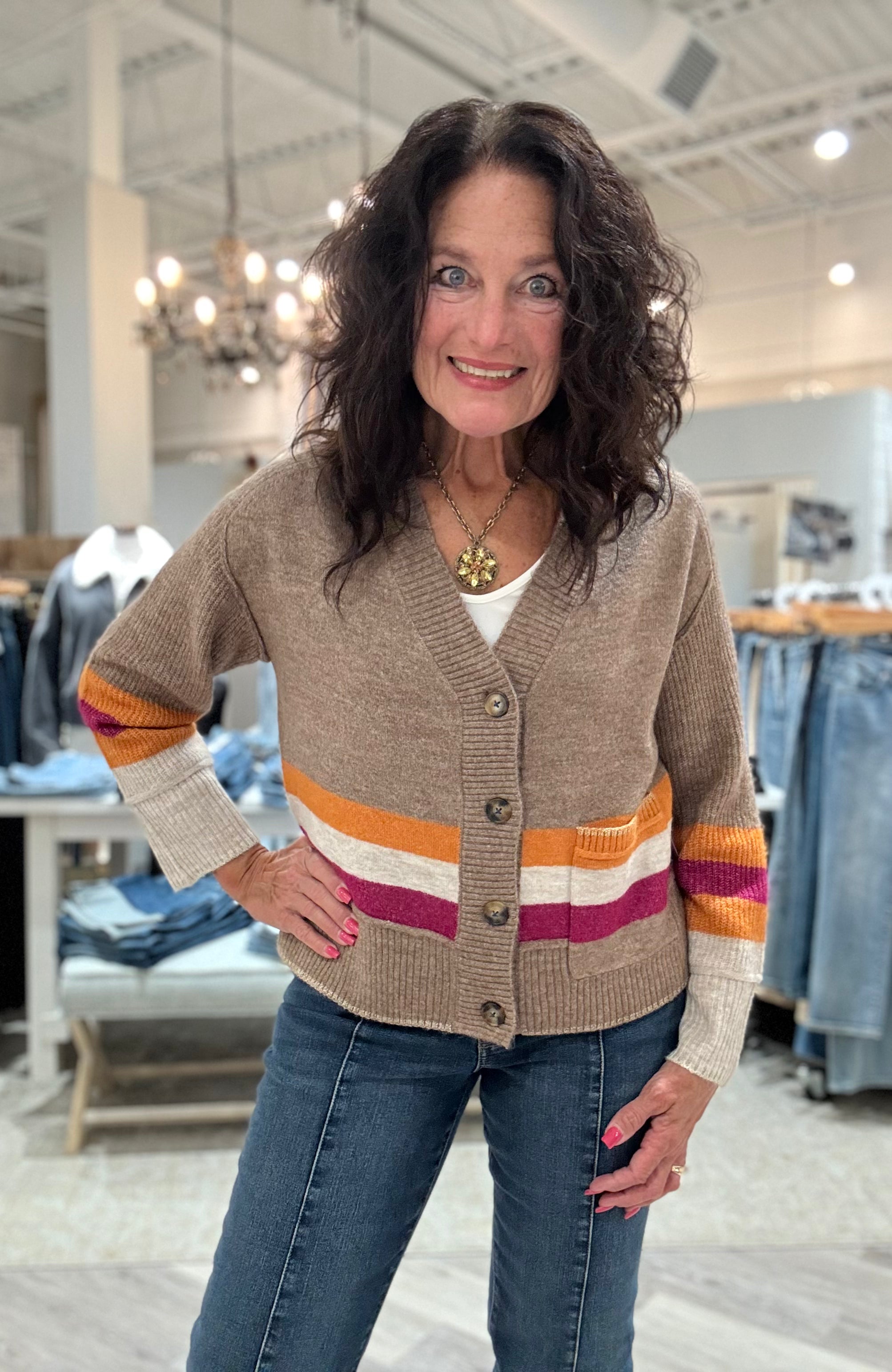 Long Sleeve Striped Sweater Cardigan with Pockets