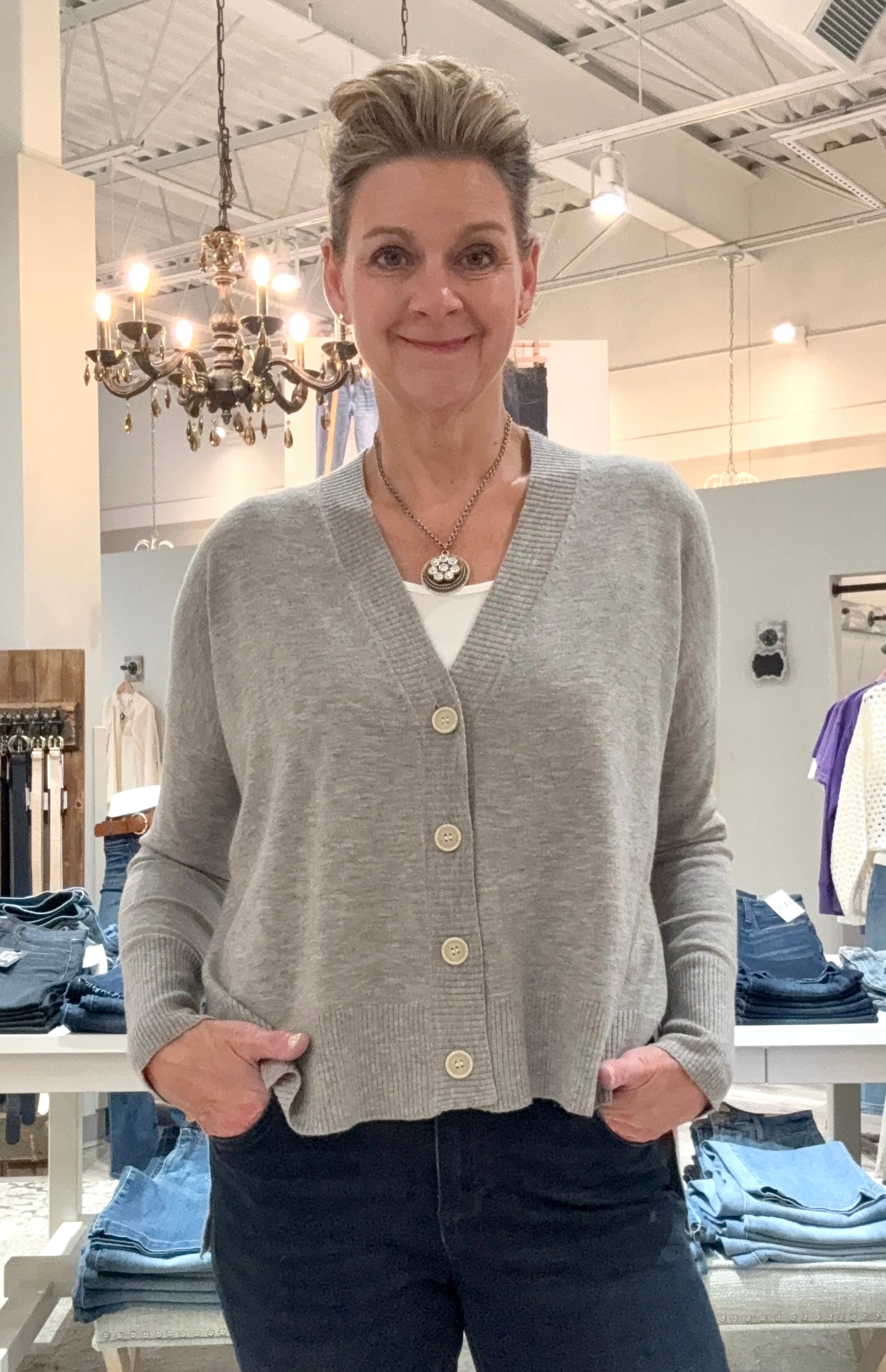 High Low Long Sleeve Button Down Cardigan- grey