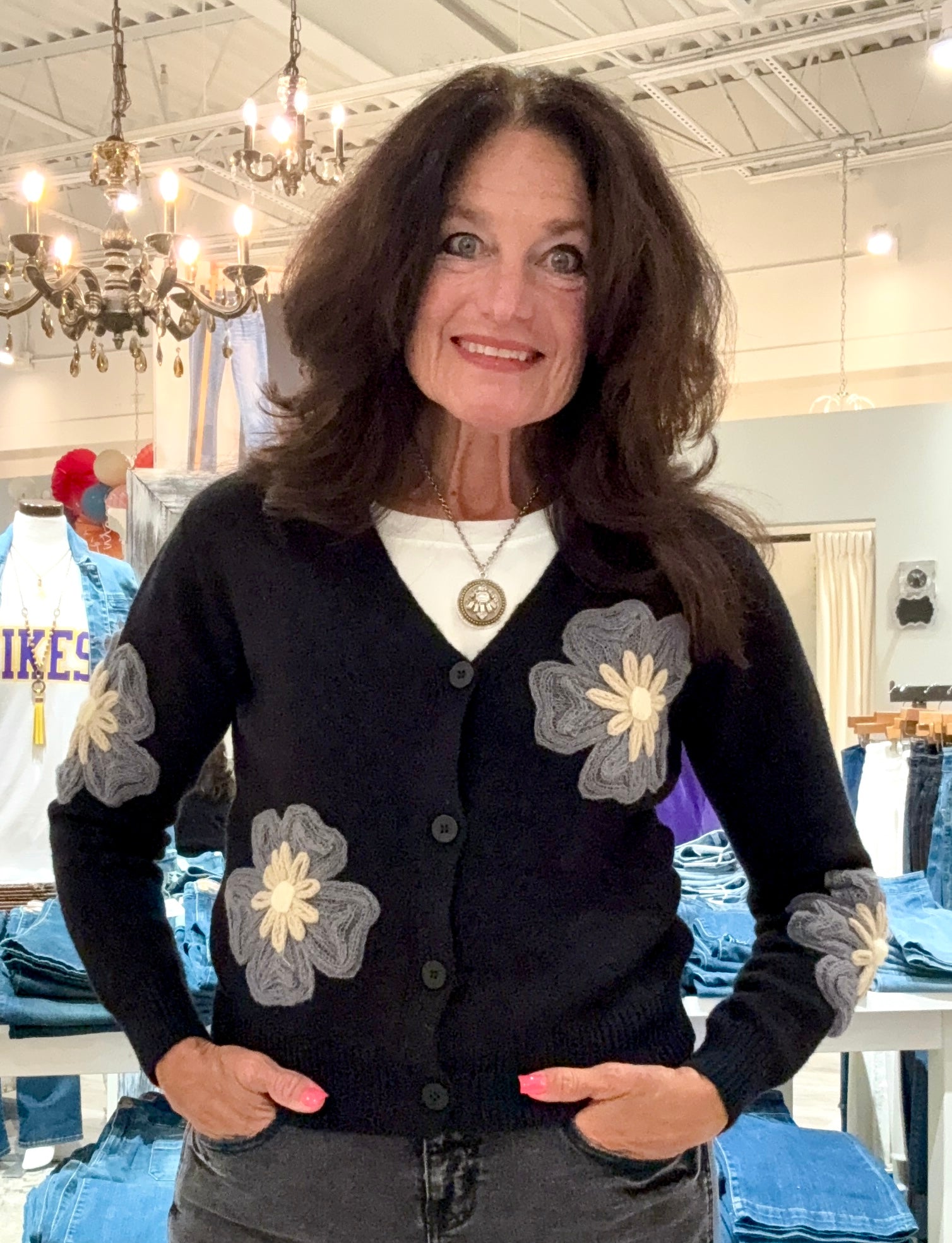 Long sleeve Button Down Cardigan with Floral Embroidery