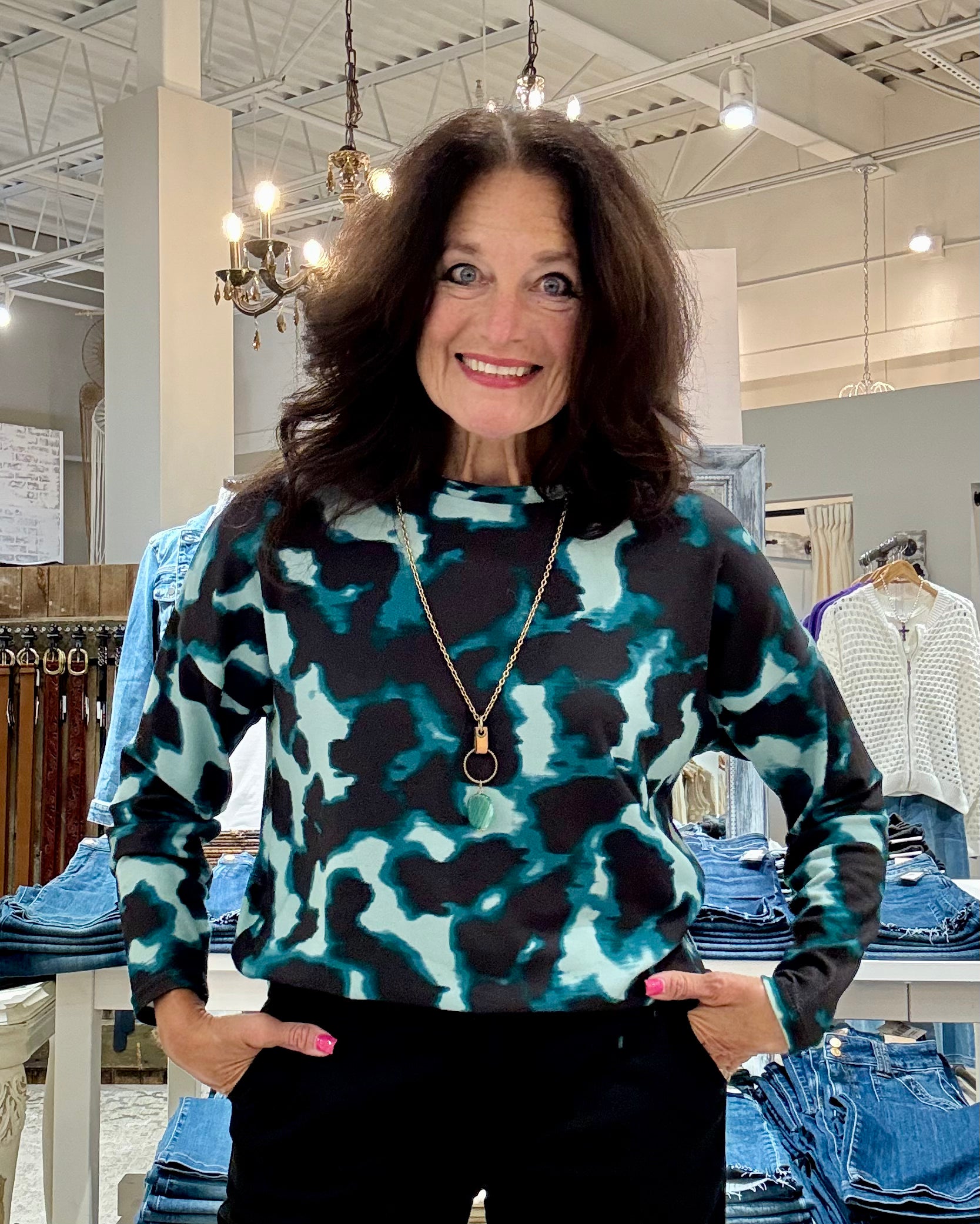 Long Sleeve Printed Crew Neck Top