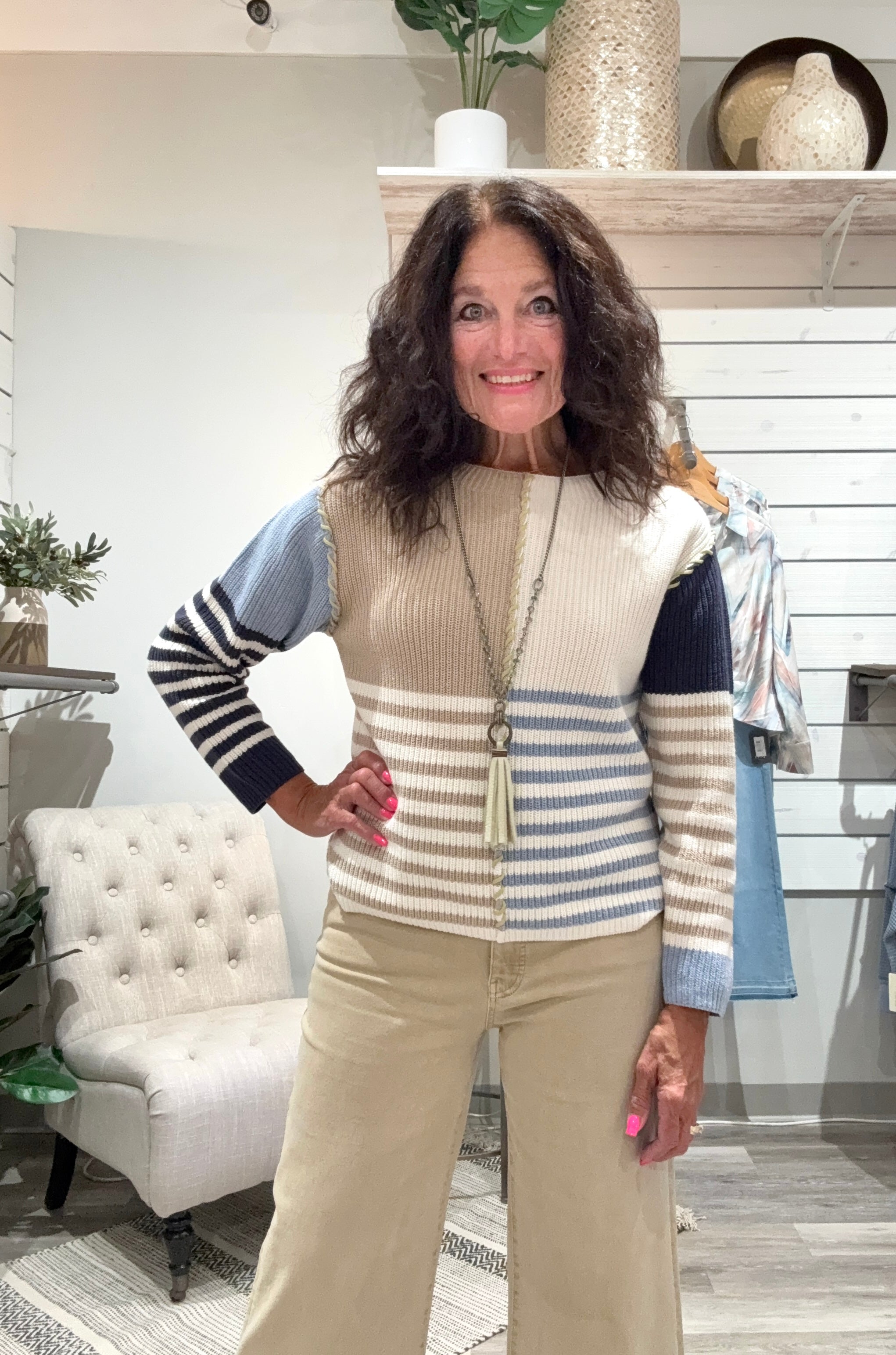 MULTI STRIPE TEXTURED BOAT NECK SWEATER