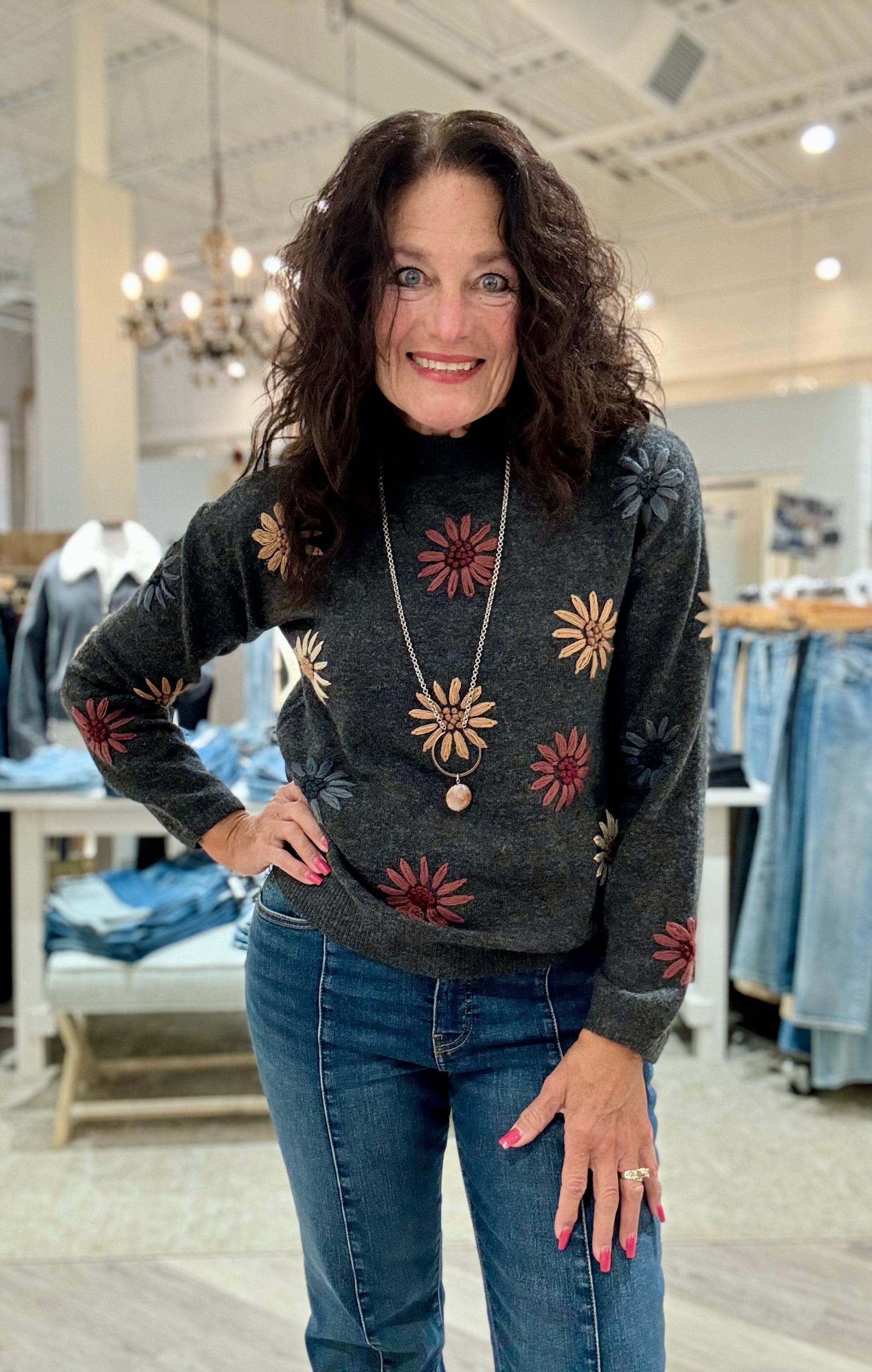 Mock Neck Sweater With Floral Embroidery