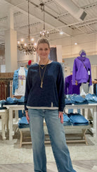 Crew Neck Long Sleeve Top with Contrast- navy