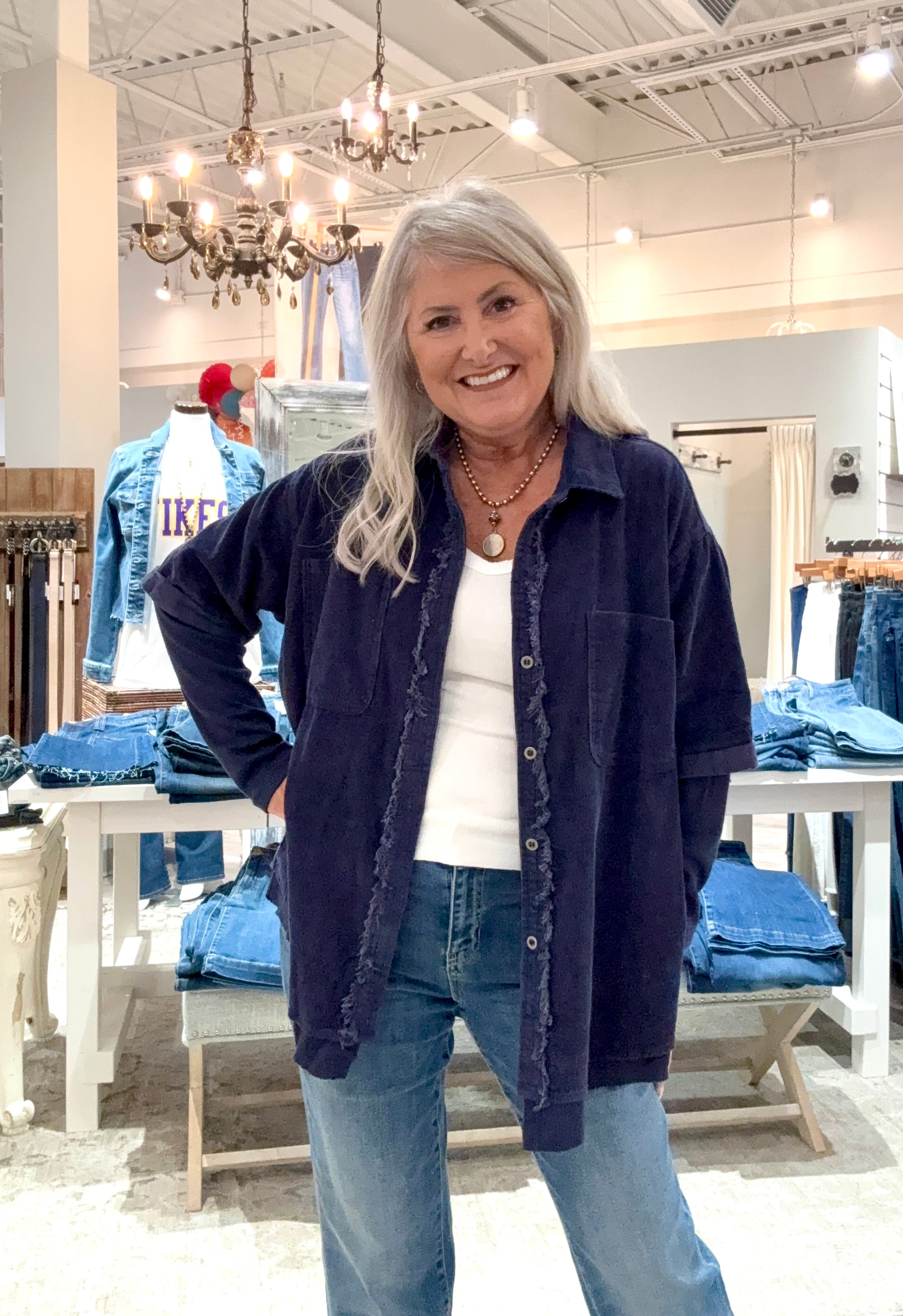 Corduroy Collar Button Down Jacket with Unfinished Hem- navy