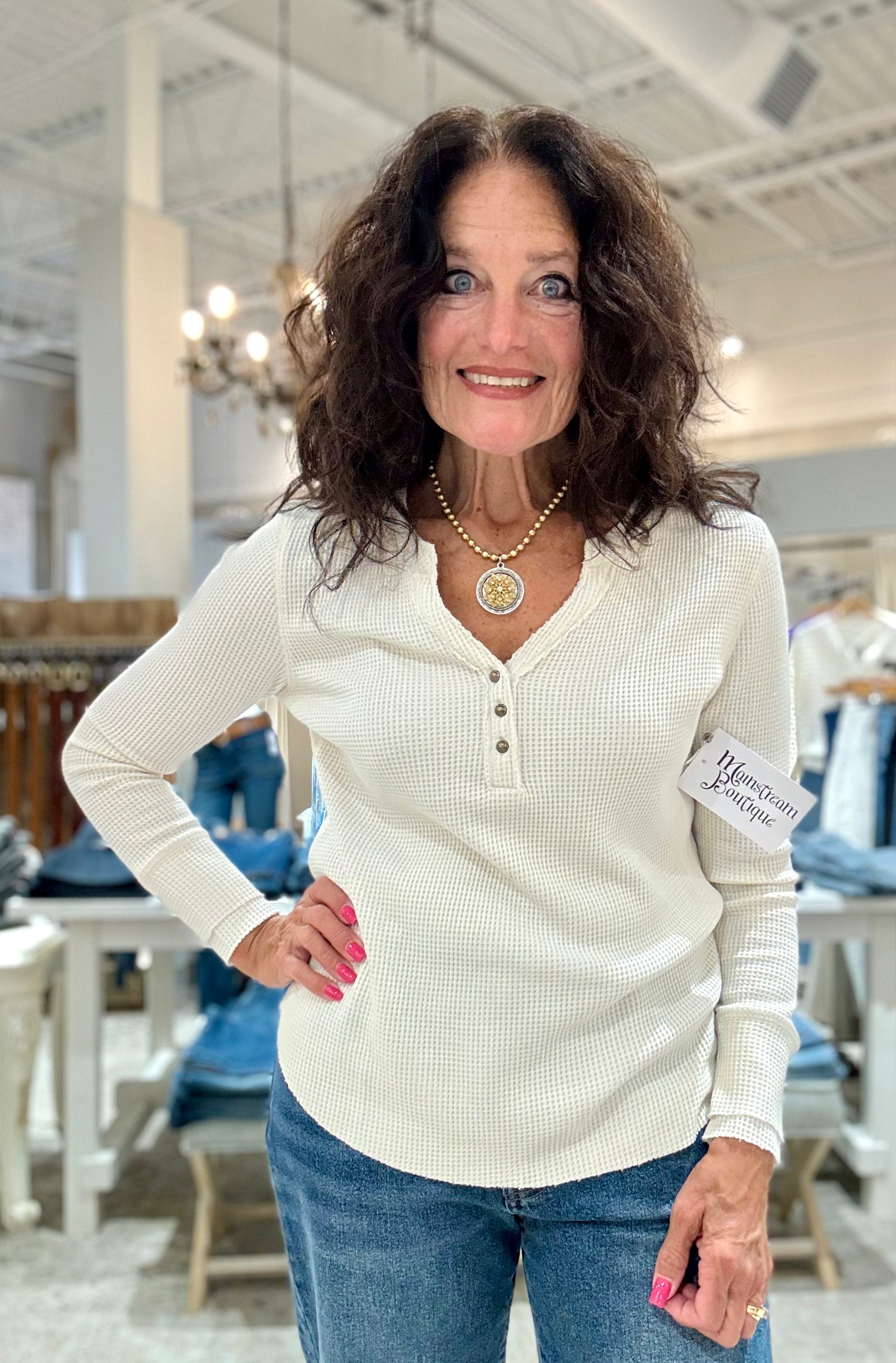 Long Sleeve Henley Top with Buttons- egg shell