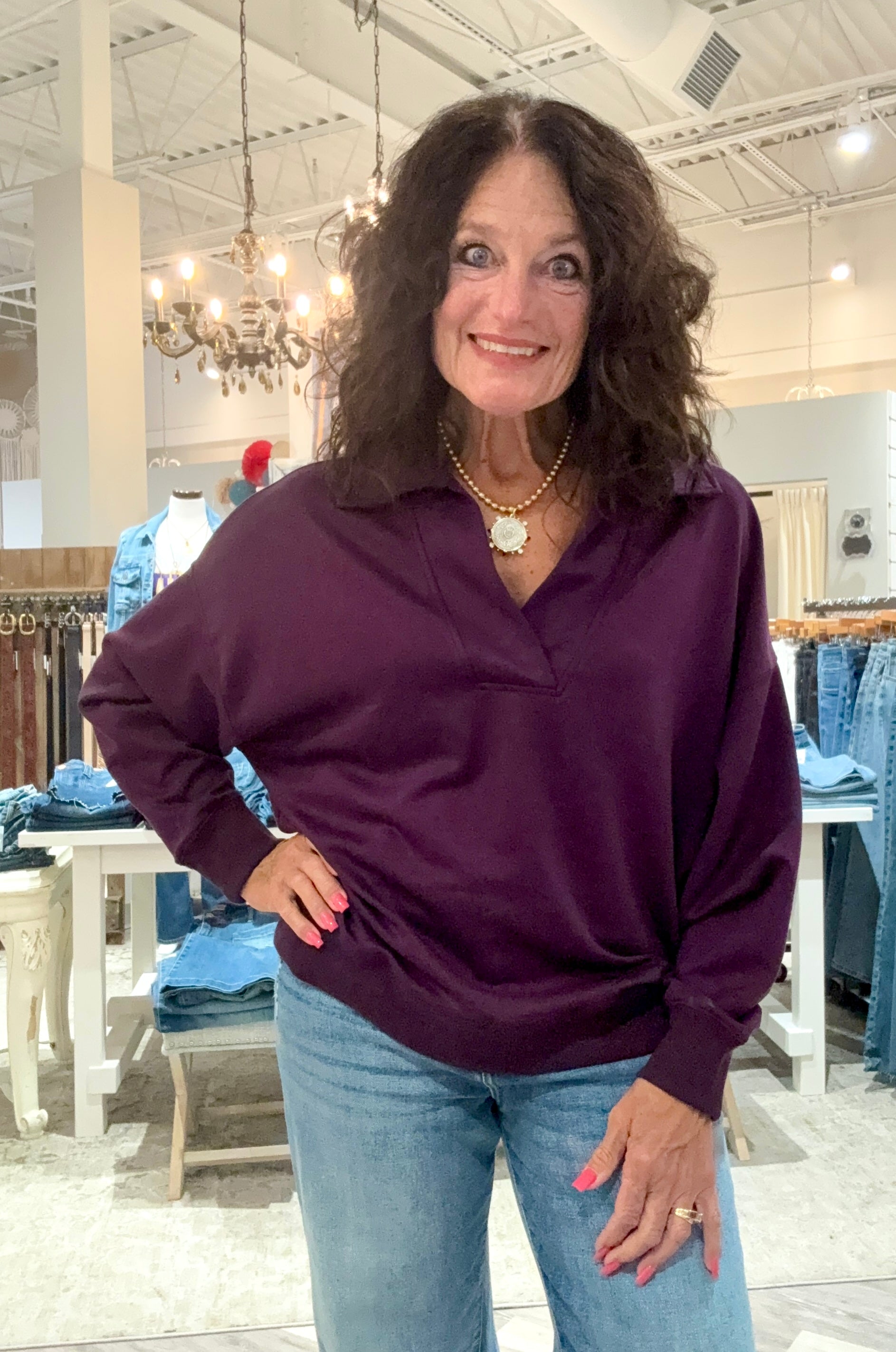 Luxeknit Chic Ease Collared Pullover- plum